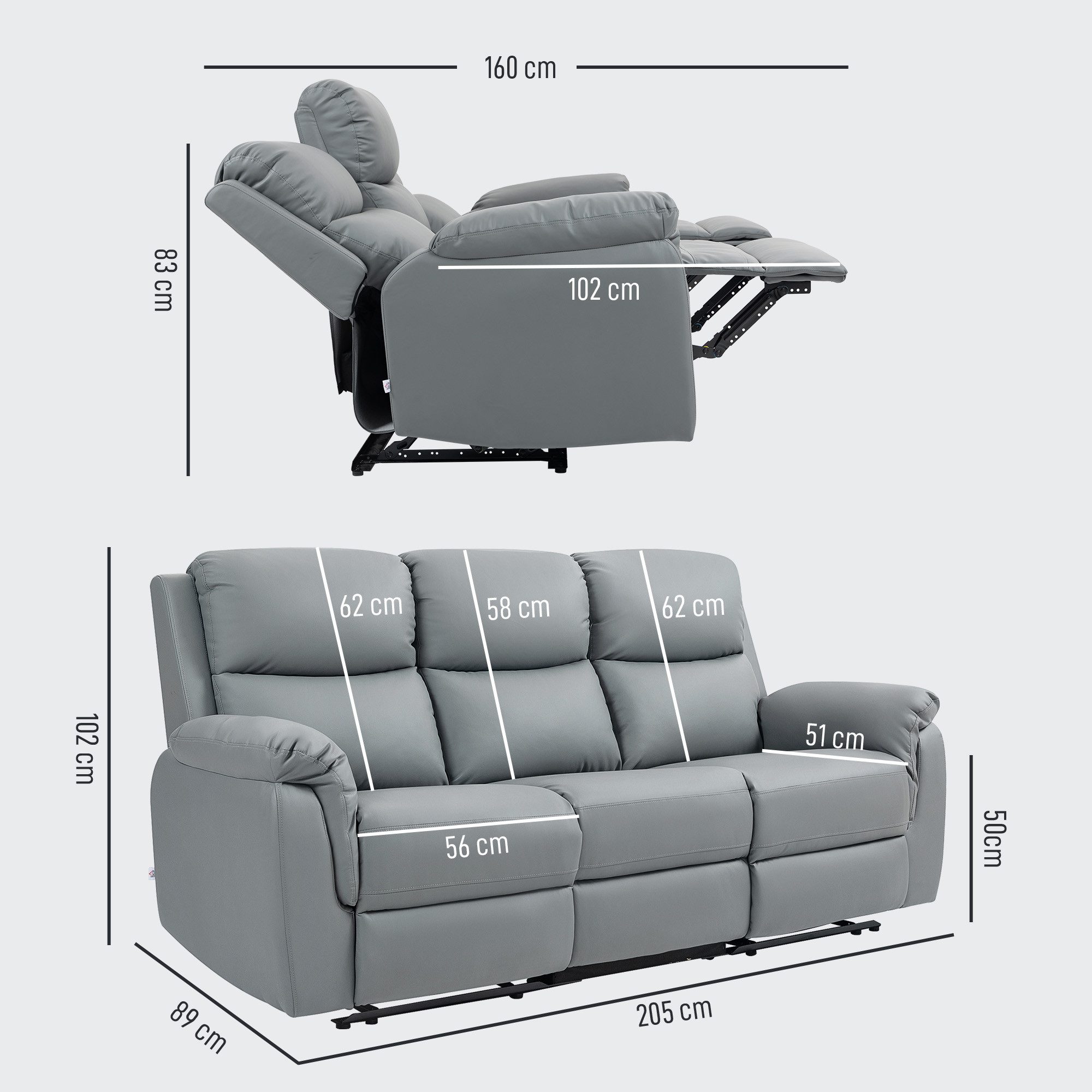 HOMCOM 3-Sitzer Fernsehsessel Relaxsessel mit Doppel-Liegesessel, 3 Sitzer Sofa 1 Teile, schnelle Montage für Wohnzimmer, Dunkelgrau