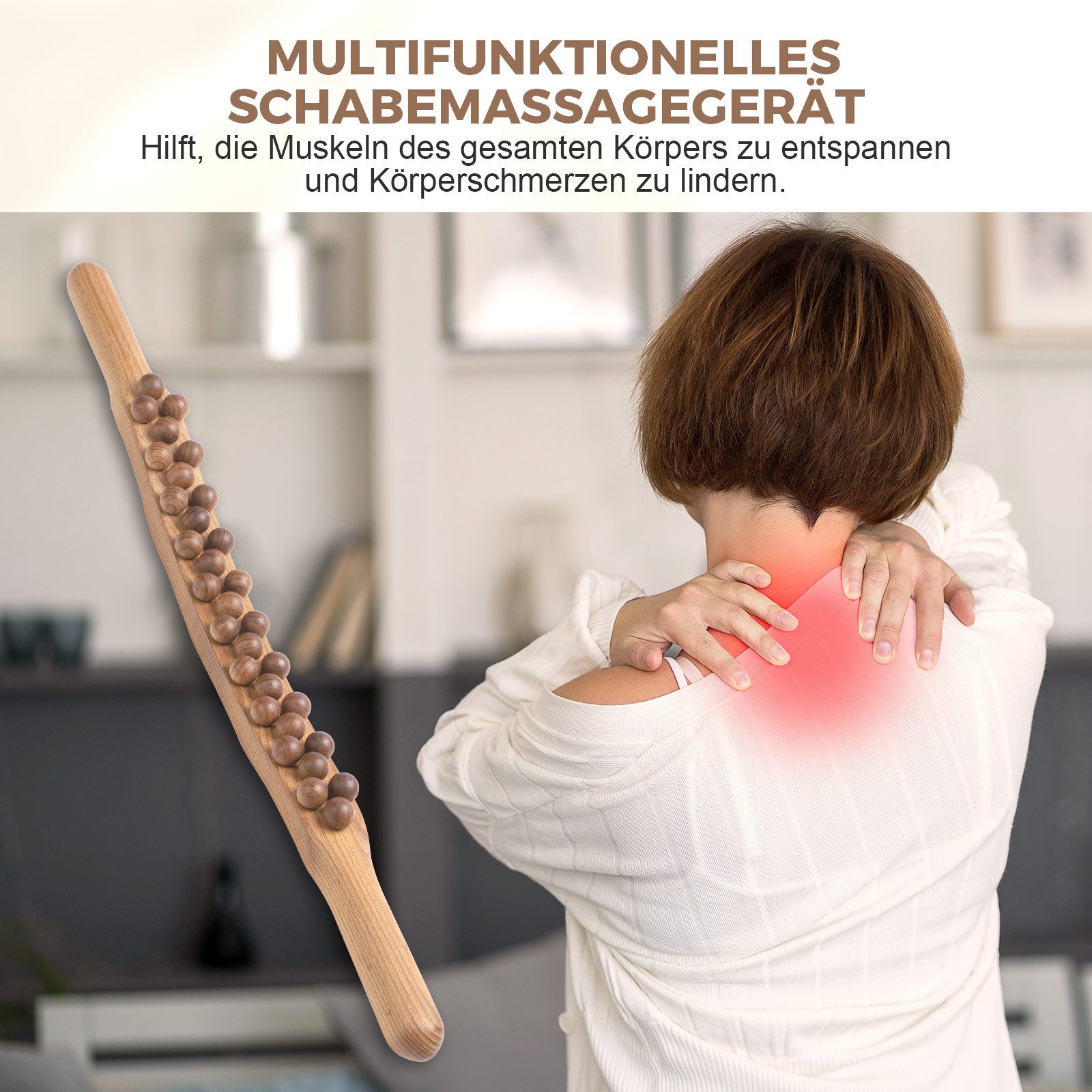 JOYOLEDER Nacken-Massagegerät Gua Sha Wooden Therapy Stab, Massagestab Holz mit 31 Holzmassageperlen, Faszienstab, Massagestab Holz, Ganzkörper Scraping Stick,  – Bild 5 von 5