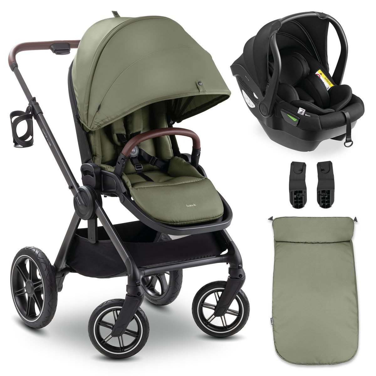 Hauck Sportbuggy Comfort N Care 2in1 Travel Set - Olive, Sportwagen mit Liegefunktion, höhenverstellbaren Schieber & Babyschale