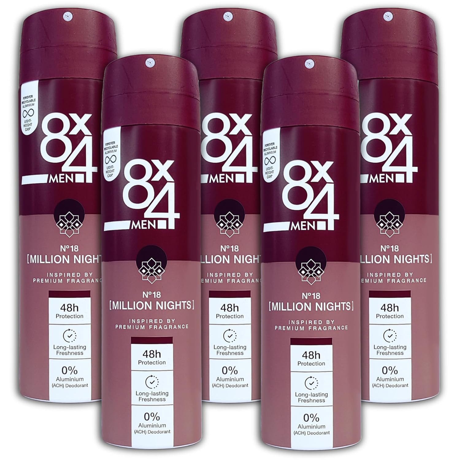 8x4 Deo-Spray 5er Pack 8x4 MEN Anti-Transpirant Spray N°18 Million Nights 5 x 150ml, 5-tlg., Deospray