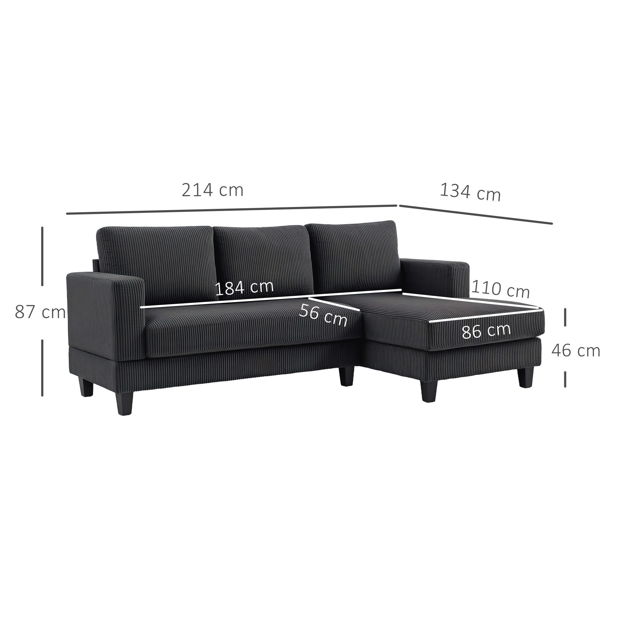 HOMCOM Ecksofa Sofa mit Chaiselongue Cord-Optik Hochdichtem Schaumstoff, bis 400 kg, L Form Couch 1 Teile, für Wohnzimmer, Schlafzimmer, 214 x 134 x 84 cm Dunkelgrau