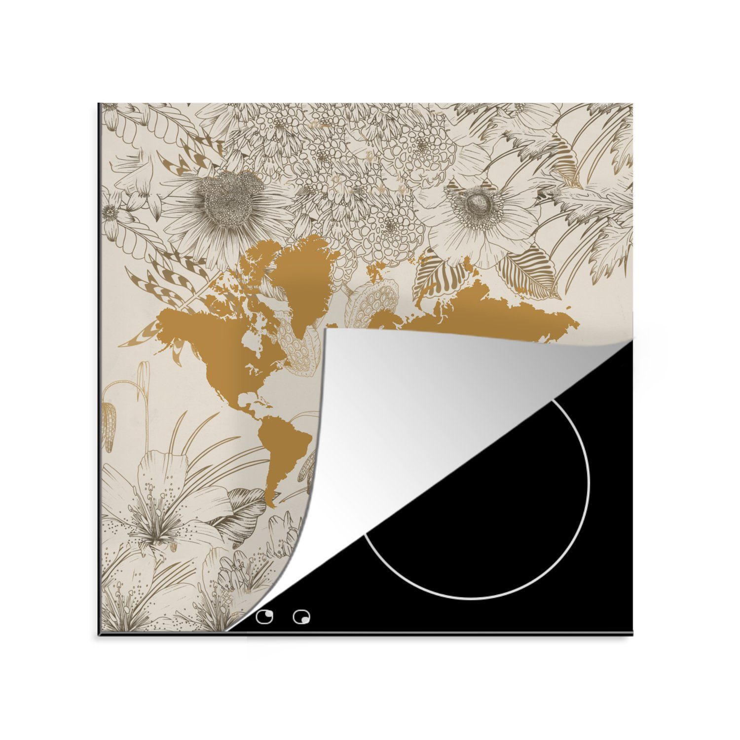MuchoWow Herdblende-/Abdeckplatte Weltkarte Ceranfeldabdeckung, Vinyl, 78x78 küche Gold, - Arbeitsplatte - (1 für cm, Blume tlg)