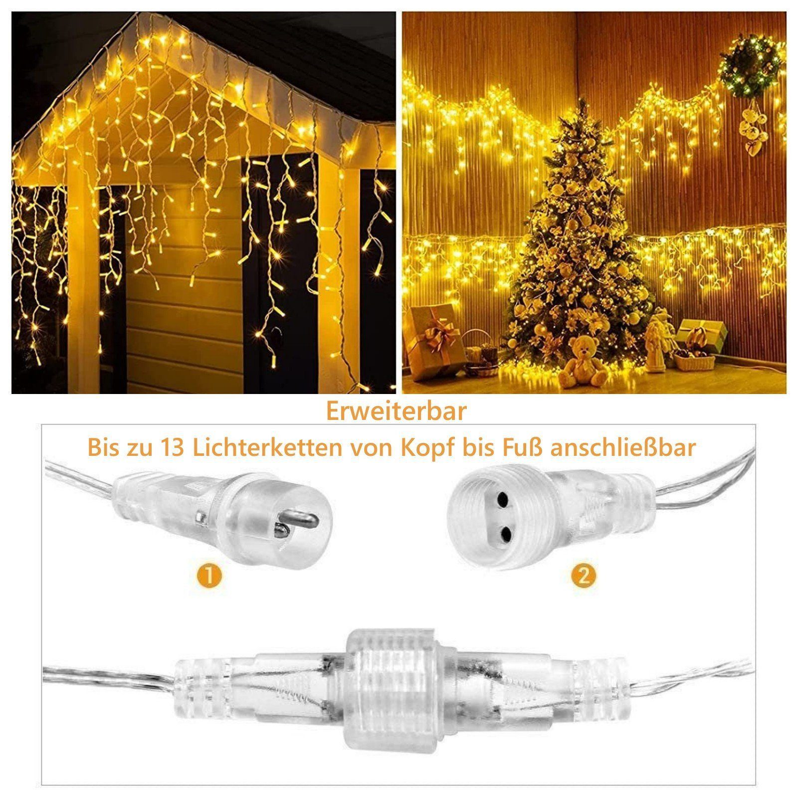 Elegear LED-Lichterkette 4M LED lichterkette Weihnachtsdeko mit Timer/Memory-Funktion, Warmweiß, 144-flammig, Lichtervorhang Eisregen Außen, Eiszapfen Regenlichterkette Erweiterbar