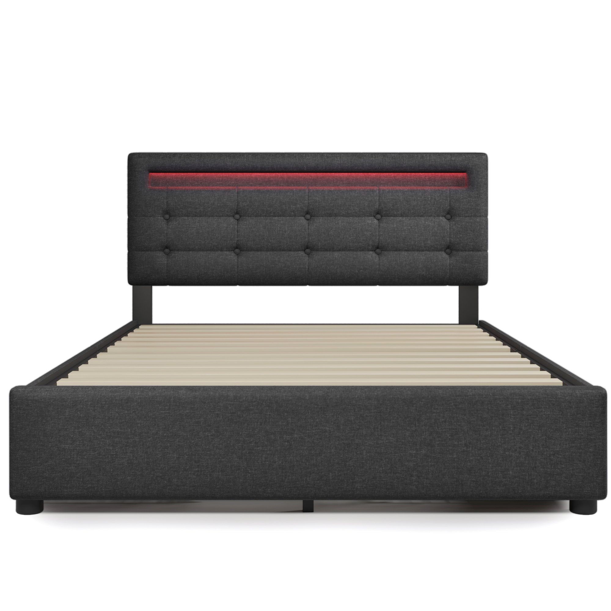 Polsterbett (mit LED-Beleuchtung, Fernbedienung und verstellbarem Kopfteil), Doppelbett mit Lattenrost, 4 Schubladen, Leinen, 140x200cm Bett