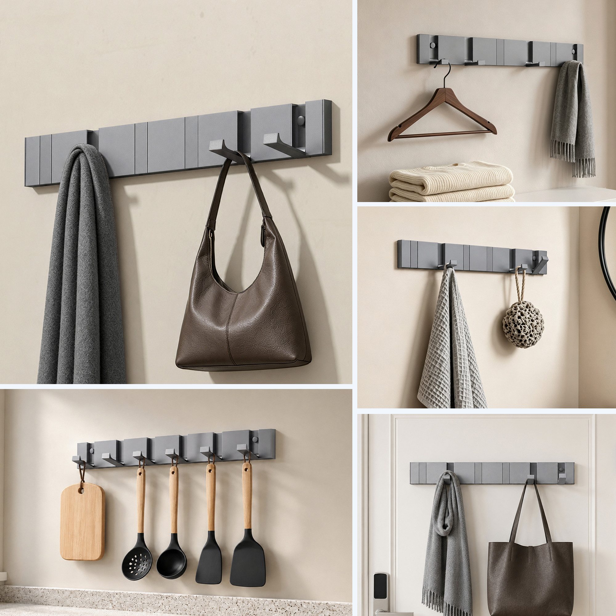 doporro Garderobenleiste Wandgarderobe Garderobenhaken aus Alu mit 4/6 Haken Kleben/Bohren, 4/6 faltbare Haken