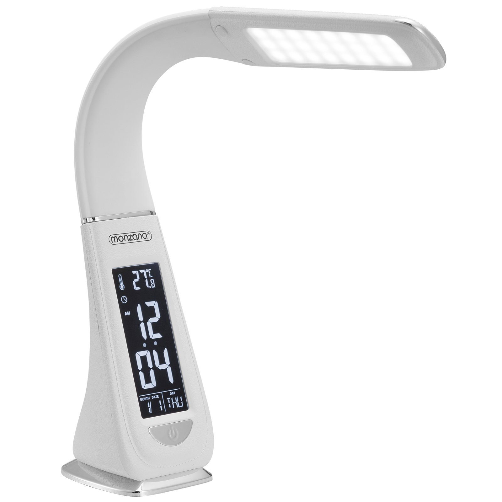 monzana Schreibtischlampe Lilly, Weiß, LED, neutralweiß, LED Schreibtischlampe mit Display Kalender Uhr Wecker Thermometer | Tischlampen