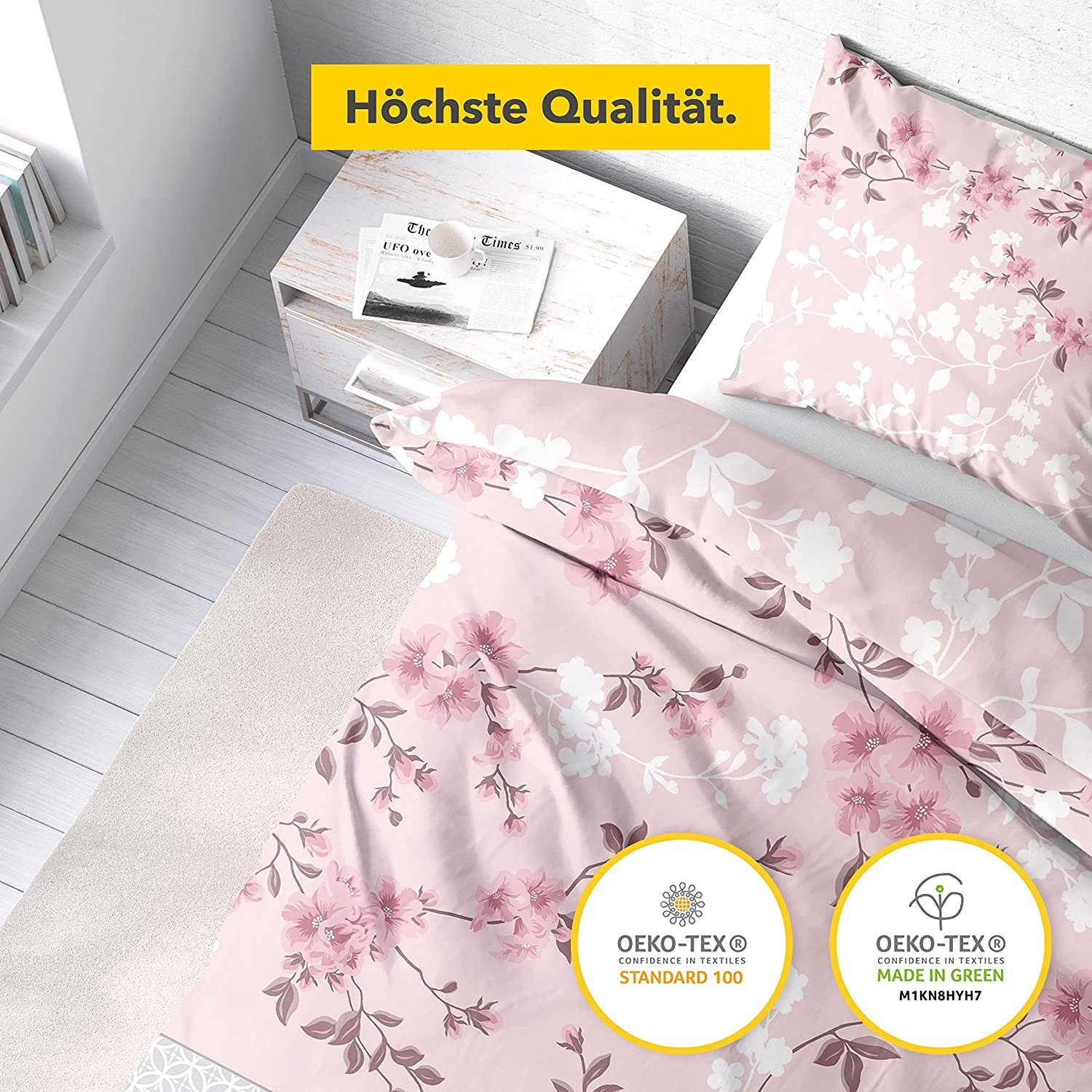 Träumschön Bettwäsche Premium Bettwäsche 135x200 oder 155x220 cm Baumwolle, Blumenmuster, Baumwolle, 2 teilig, mit Reißverschluss, luftig und leichte Sommerbettwäsche, rosa grau