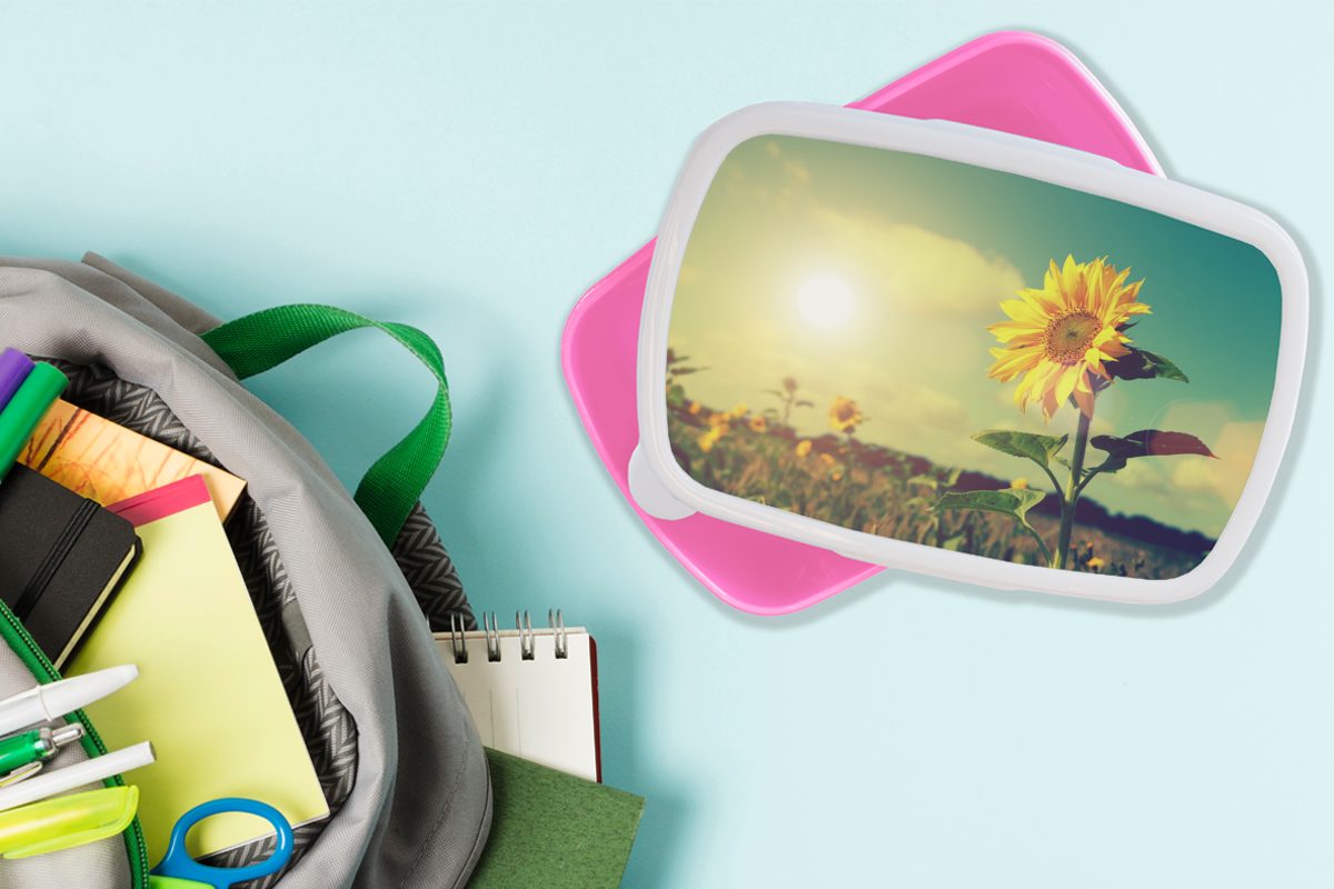 Brotdose Sonnenblume Sonne Lunchbox Kunststoff Mädchen, für Erwachsene, Brotbox - Kunststoff, Kinder, - MuchoWow (2-tlg), Frühling, rosa Snackbox,