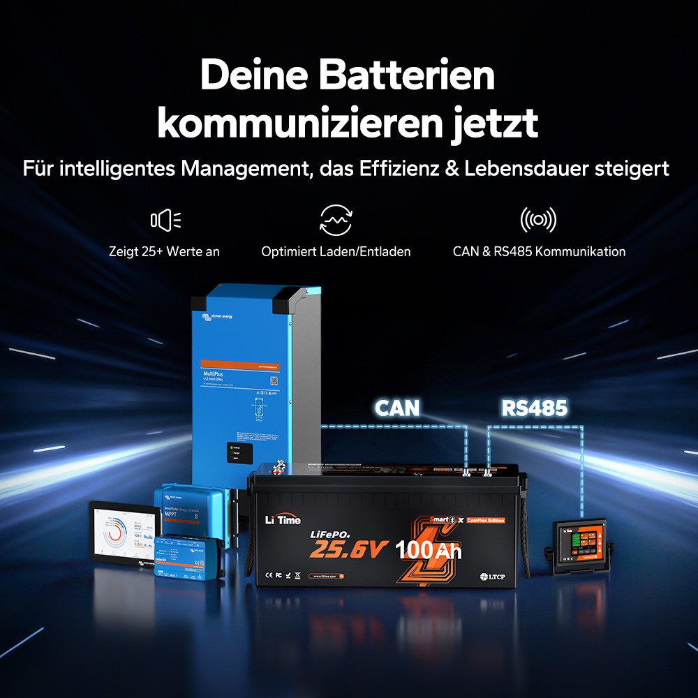 LiTime 24V 100Ah Smart ComFlex LiFePO4 Batterie mit Bluetooth Solarakkus (24 V), Victron-kompatibel, IP65 Wasserdicht, ideal für Wohnmobile, Marine