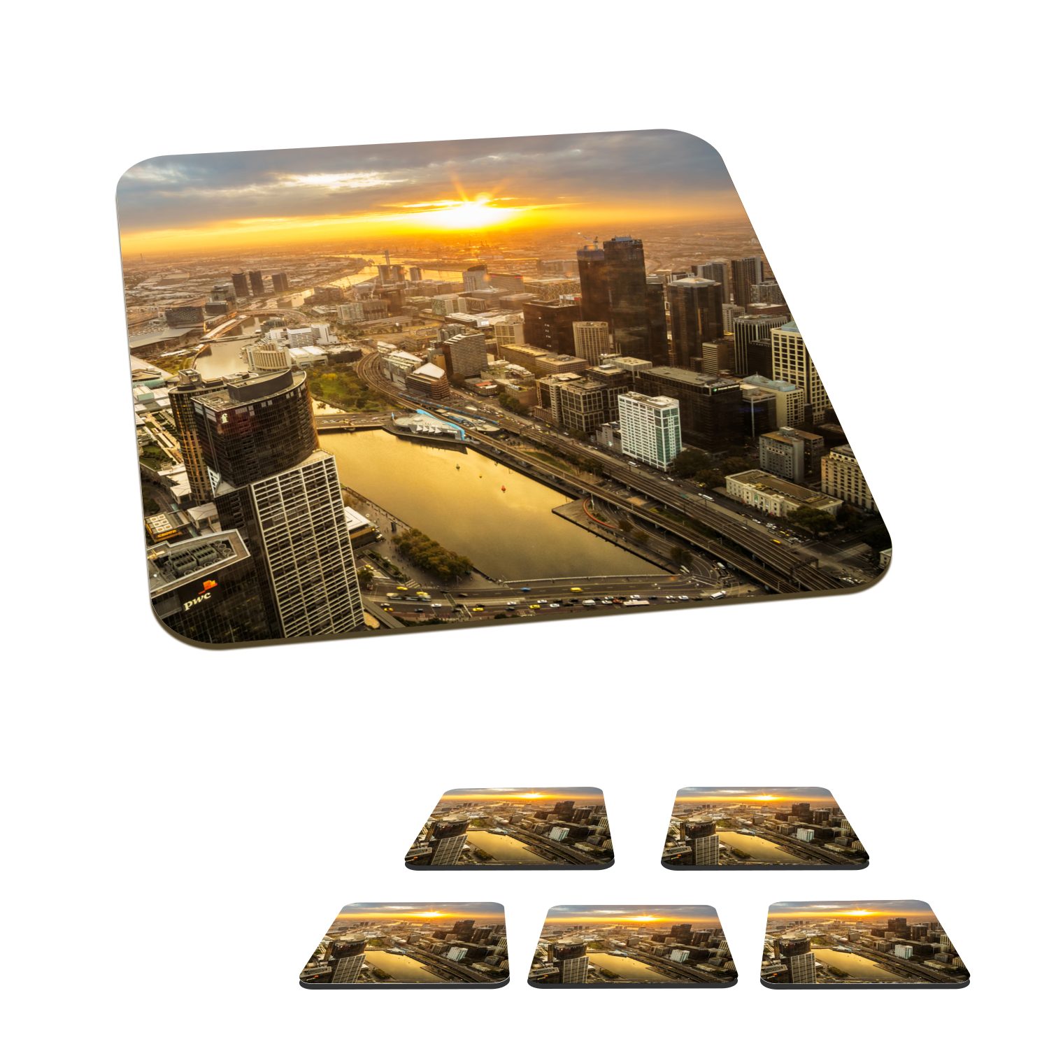 MuchoWow Glasuntersetzer Melbourne - Australien - Skyline, Zubehör für Gläser, 6-tlg., Glasuntersetzer, Tischuntersetzer, Korkuntersetzer, Untersetzer, Tasse