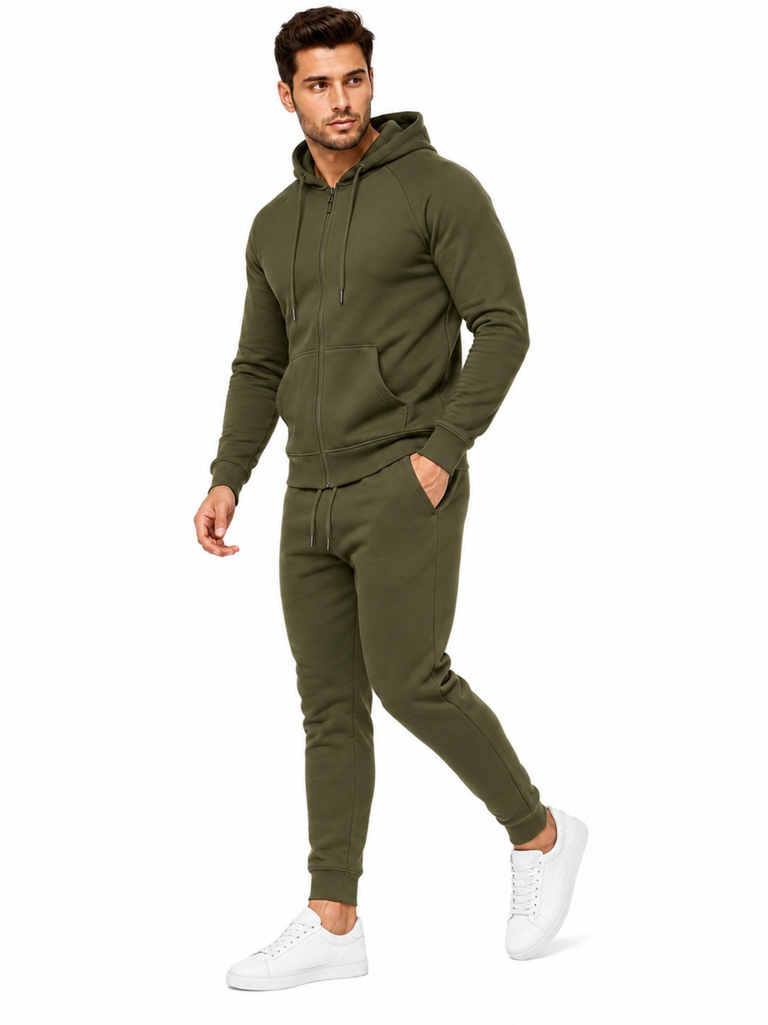 L.gonline Freizeitanzug Herren Jogginganzug einfarbig 100% BW 586 Oliv XXL (Kapuzenjacke mit Reißverschluss, Hose, 2-tlg), Fitness Freizeit Casual – Bild 5 von 5