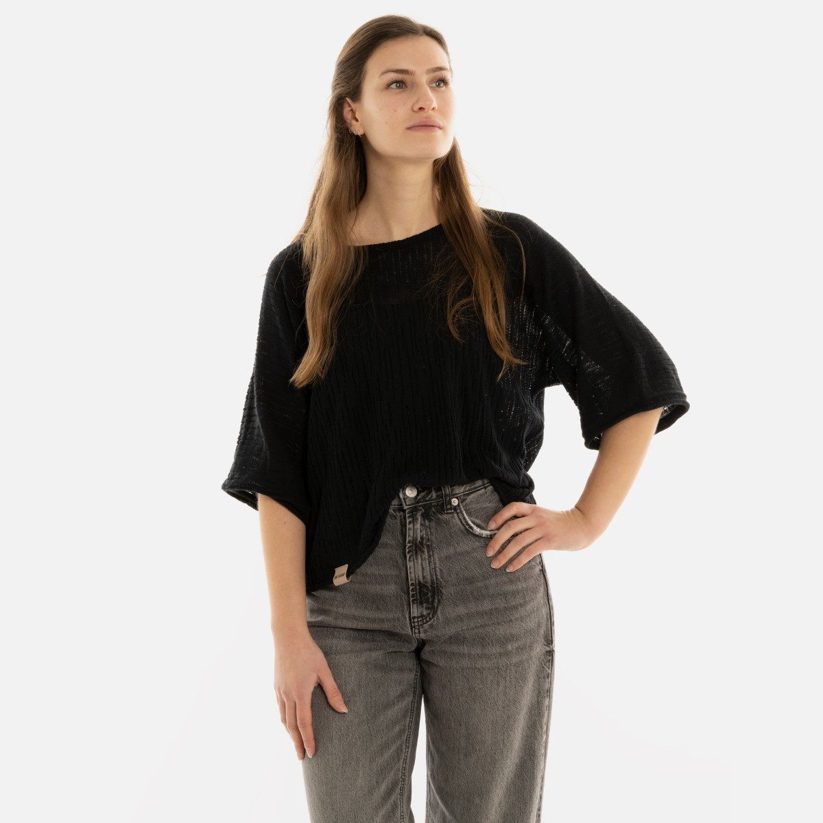 Knit Factory Strickpullover Jose Strickpullover Schwarz 36/42 Gestreift (Set, 1-tlg., Spar-Set) damen pullover strickpullover lang oversize sale Strick Winter herbst