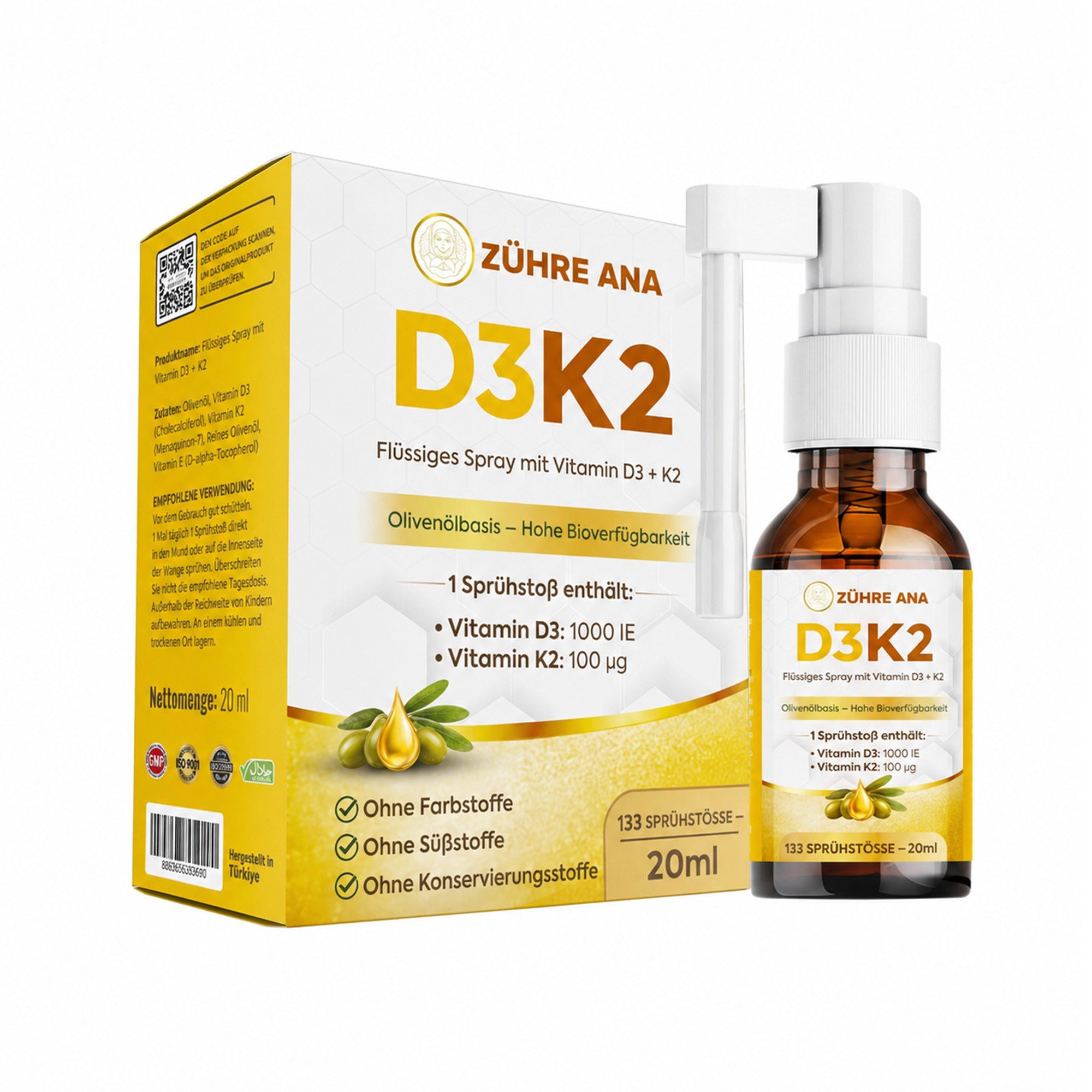 Zühre Ana® Vitamin D3 & K2 Flüssigspray – Nahrungsergänzung mit MK-7 & D3 Spray, 20 ml, Auf Olivenölbasis – Hohe Resorbierbarkeit 20 ml 133 puff
