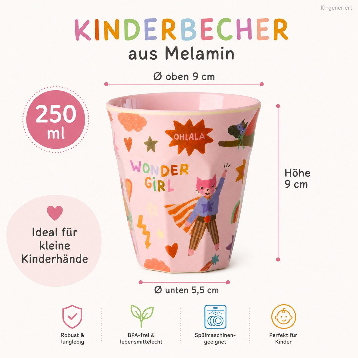 rice Becher Kinderbecher Melamin 250ml Rosa Pastellrosa Trinkbecher KITA, 1-tlg., Melamin – Bild 3 von 5