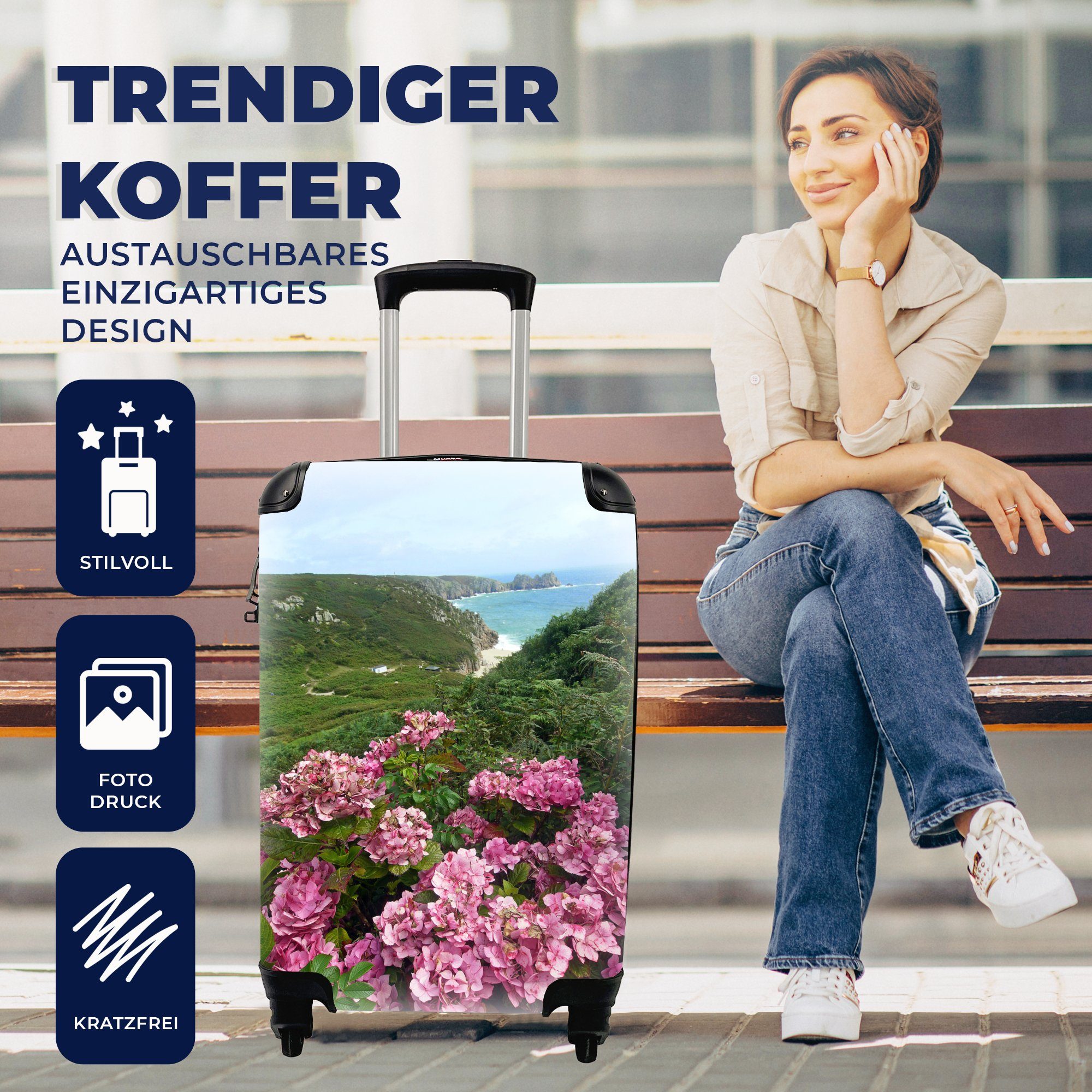 Steilküste, für Handgepäckkoffer Trolley, Ferien, der rollen, Reisekoffer Reisetasche mit Rollen, 4 MuchoWow Hortensien an Handgepäck