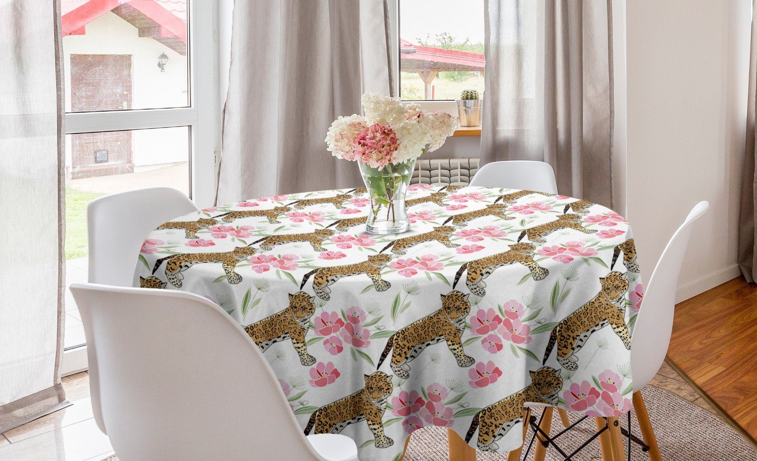 Abakuhaus Tischdecke Kreis Tischdecke Abdeckung für Esszimmer Küche Dekoration, Jaguar Blühender Corsage Botanik