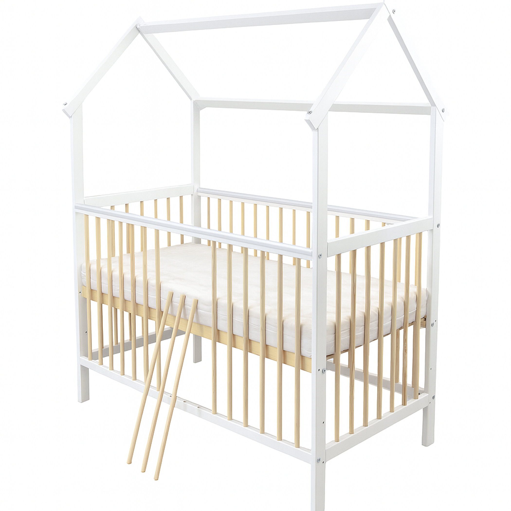 Baby-Delux Komplettbett Hausbett Babybett Komplettset Waffelpique Musselin, 12-tlg., Kinderbett 60x120 cm weiß Natur, Bettset verschiedene Designs
