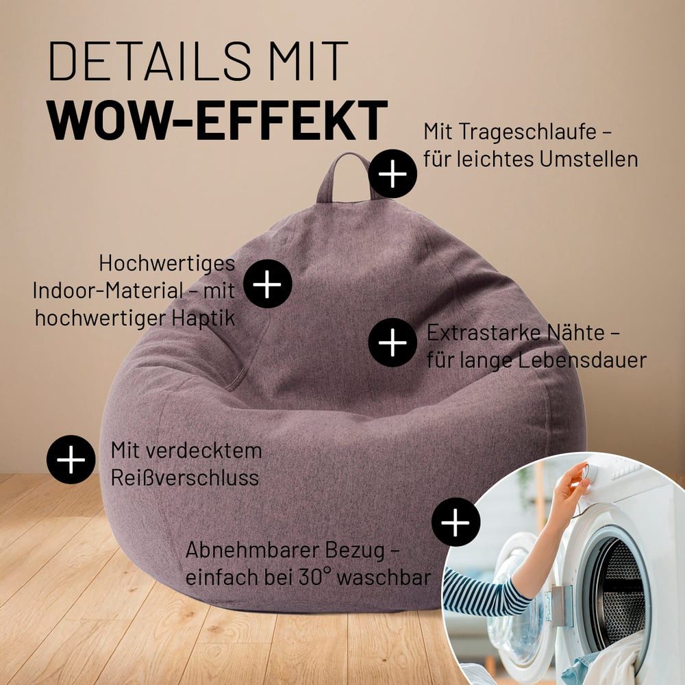 Lumaland Sitzsack LUMALAND Comfort Line Sitzsack M, 120 L - bequemer Indoor Sofa Sessel, Pouf separat erhältlich - Bean Bag mit Füllung - XXL Lounge Sitzkissen – Bild 5 von 5