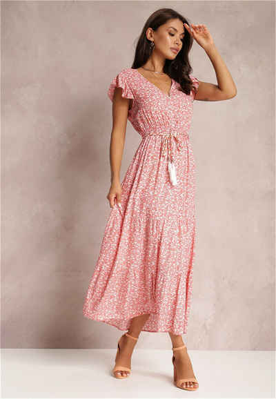 RUZU UG Dirndl Kleid V-Ausschnitt, kurzen Ärmeln, elastischem Bund, floralen Trägern