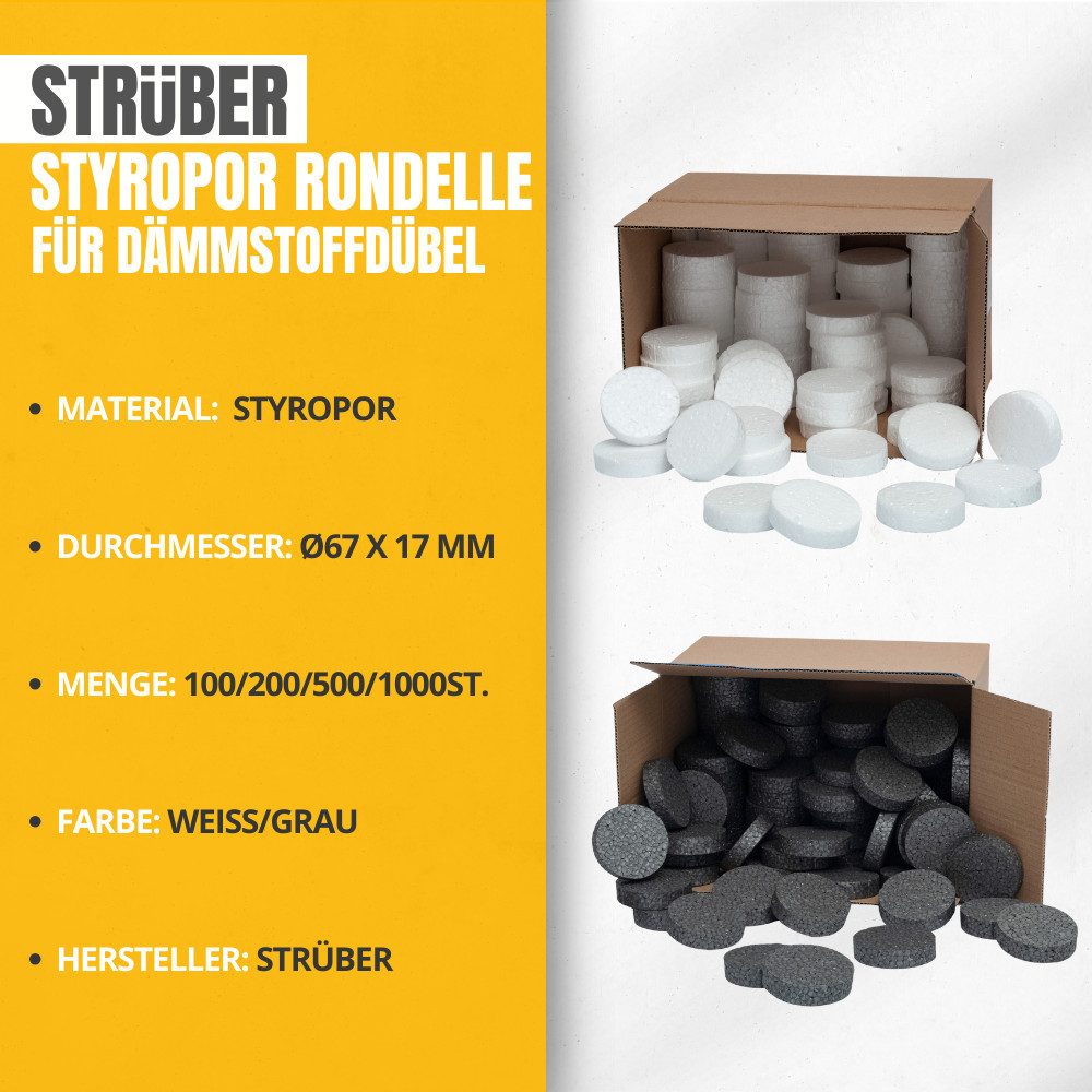 STRÜBER Dämmstoffdübel Styropor Rondelle (Weiß/Grau) für WDVS, (100-tlg), WDVS, Dammung, Abdeckkappen, Styroporscheiben – Bild 2 von 4