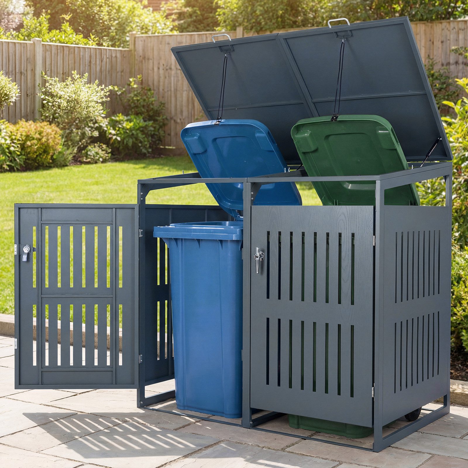 COSTWAY Mülltonnenbox (1 St), Abfalleimer für 2 Behälter, mit abschließbaren Türen