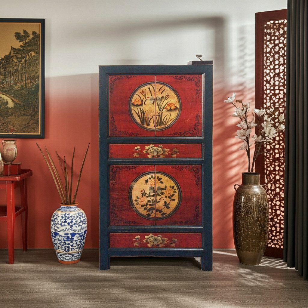 OPIUM OUTLET Kleiderschrank Chinesischer Hochzeitsschrank orientalischer Schrank Vintage Möbel (komplett montiert, asia asiatisch chinesisch orientalisch) Breite 80 cm; Höhe 154 cm; Tiefe 42 cm