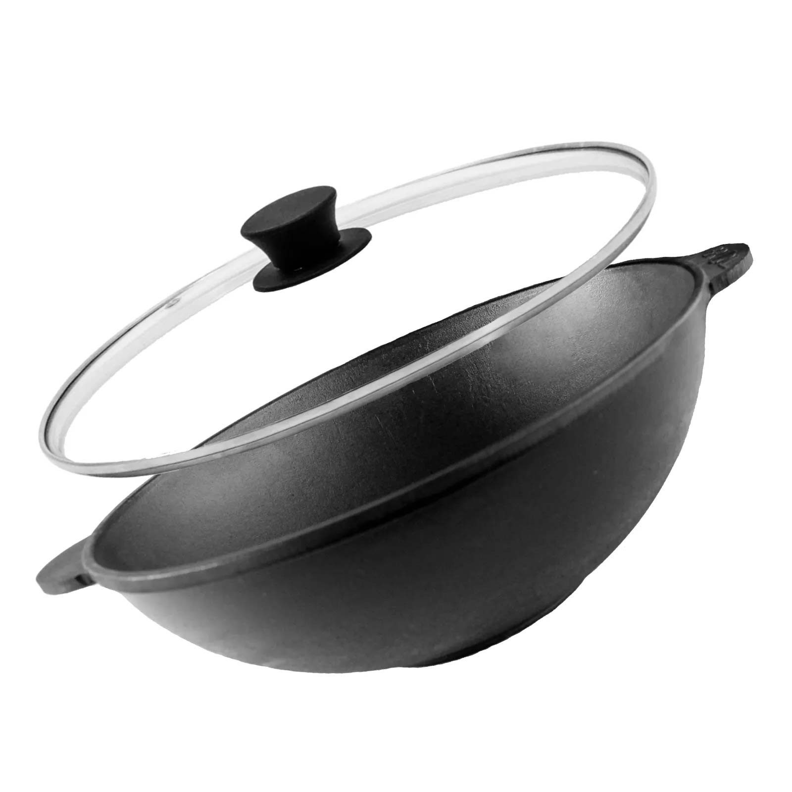 BIG-PAN Wok Ø28cm Bratpfanne Gusseisen zwei Griffen Glasdeckel