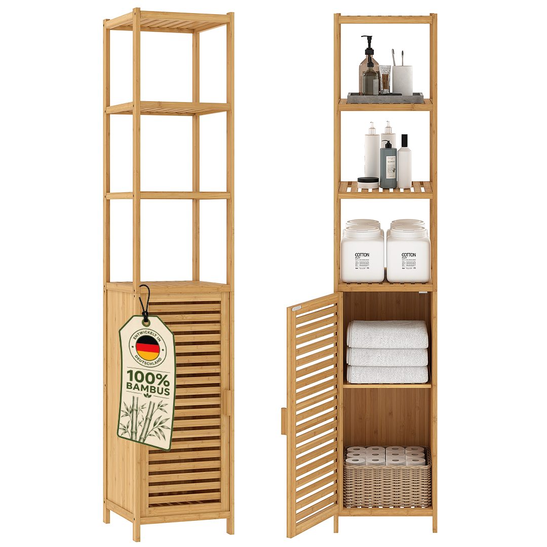 Bellamio Hochschrank Newa aus Bambus, Badezimmerschrank mit Ablage, lackiert (5 Fächer) Badezimmerschrank 165×33×33cm, verfügbar in verschiedenen Ausführungen