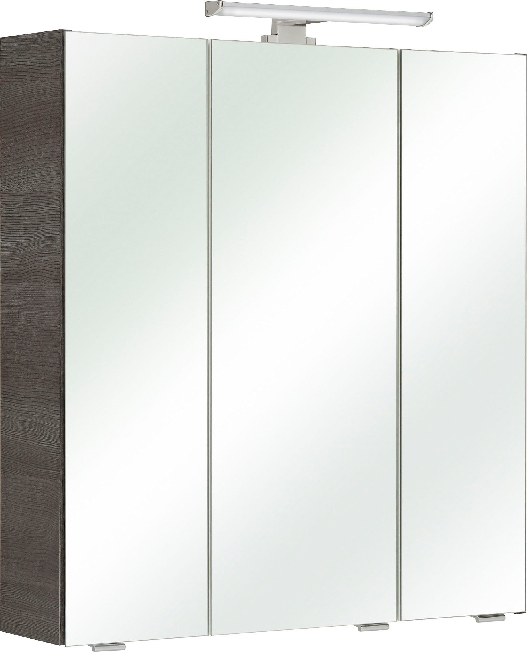 PELIPAL Spiegelschrank Quickset Breite 65 cm, 3-türig, LED-Beleuchtung, Schalter-/Steckdosenbox Graphit/Graphit | Graphit Struktur quer | Spiegelschränke