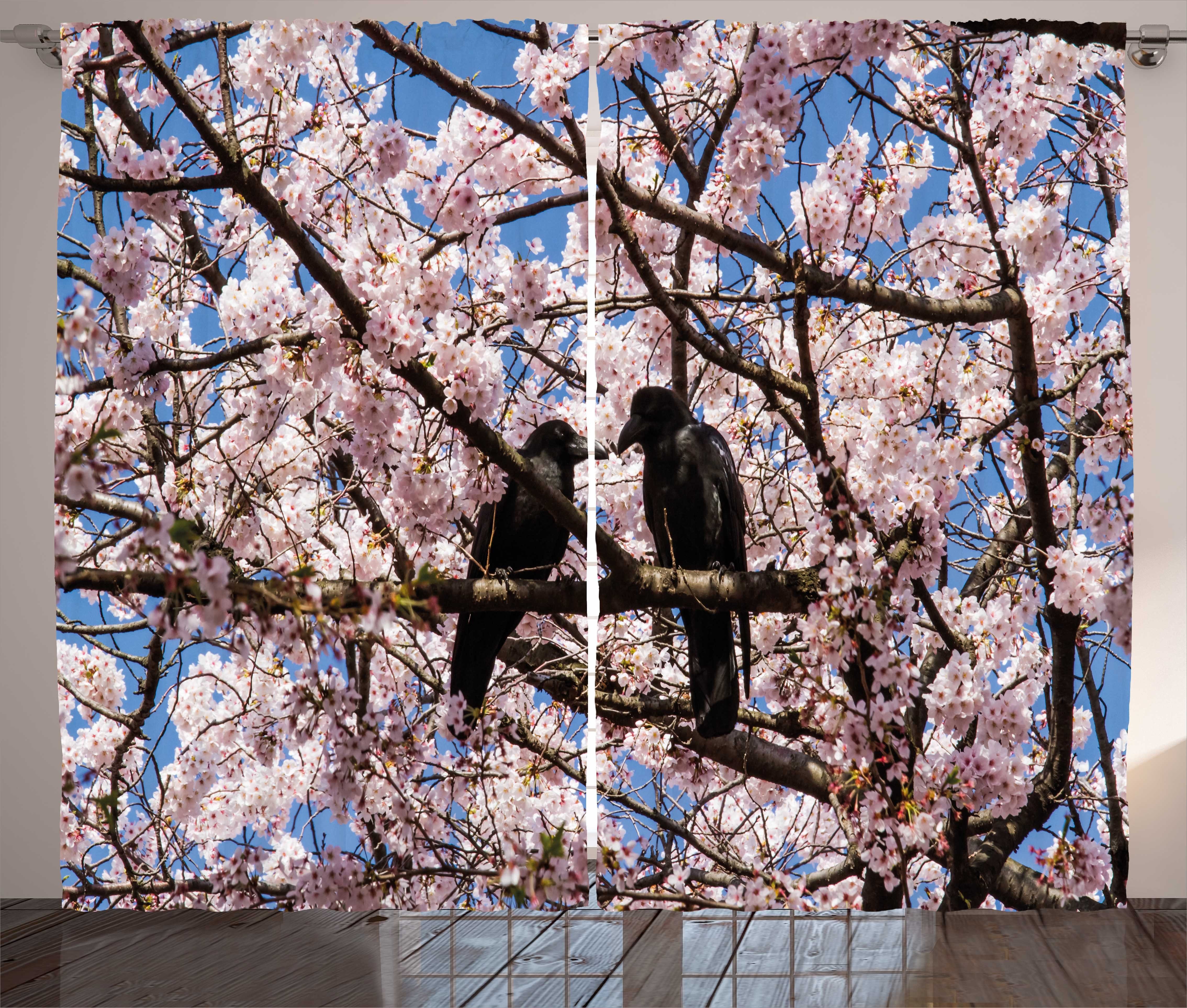 Vorhang Kirschblüte-Baum mit Schlafzimmer auf Schlaufen und Vögel Krähe Gardine Haken, Abakuhaus, Kräuselband Schwarze