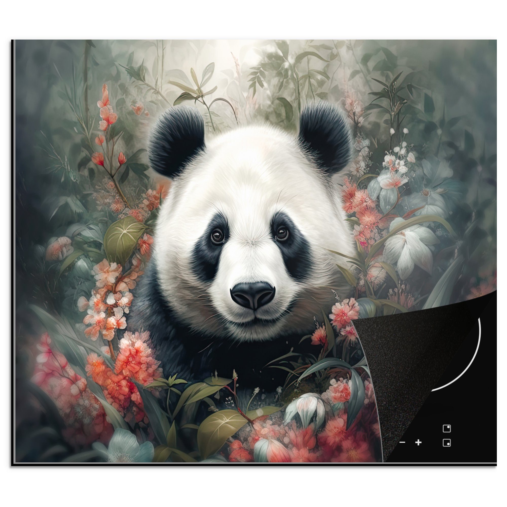 MuchoWow Herdblende-/Abdeckplatte Panda - Wildtiere - Blumen - Natur, Vinyl, (1 tlg), 60x52 cm, Mobile Arbeitsfläche nutzbar, Ceranfeldabdeckung