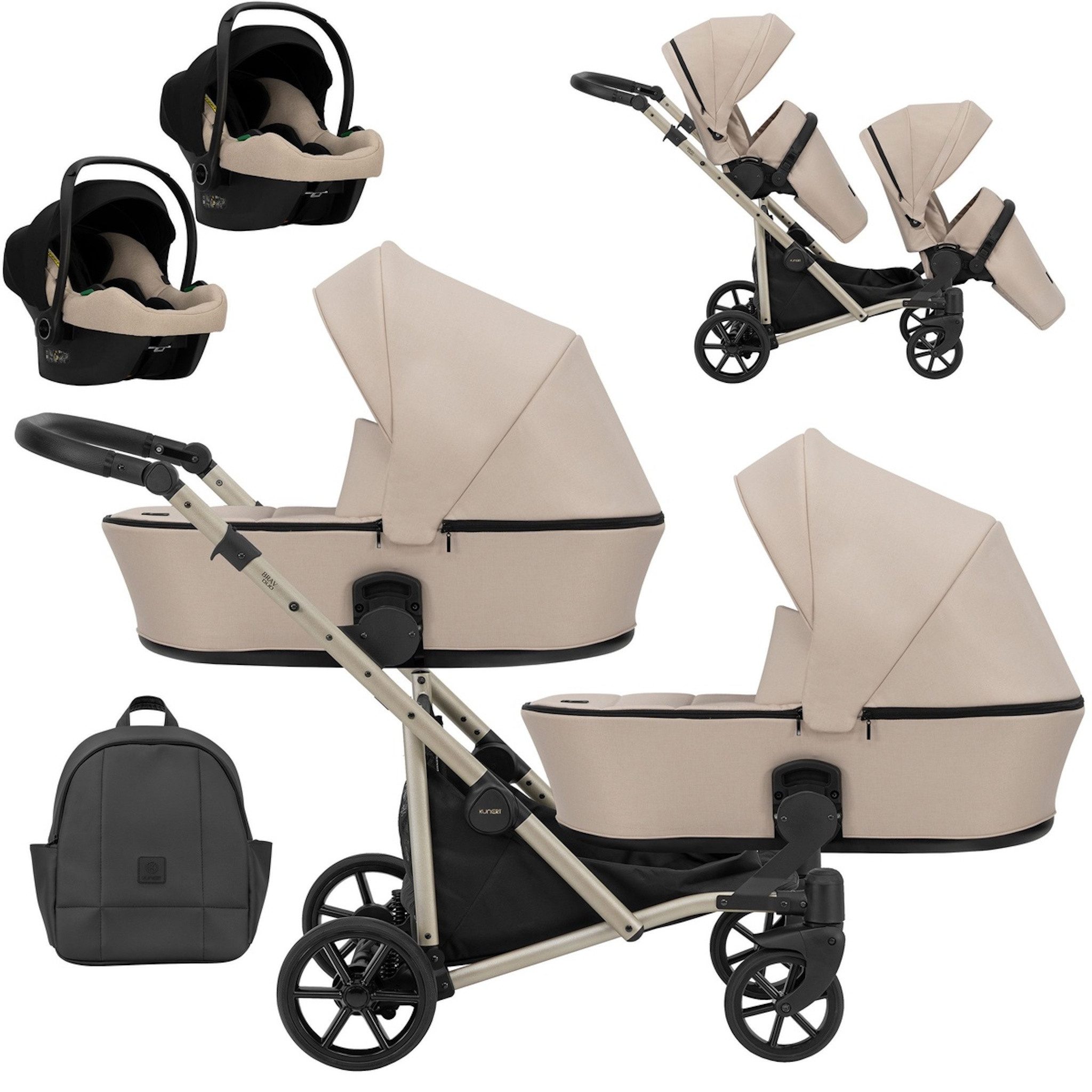 KUNERT Zwillings-Kombikinderwagen BRAV DUO 3 in 1 Doppelkinderwagen mit 2x Cosmo Babyschalen Cream, 12 Konfigurationen, kompakt zusammenklappbar, große Ablagefächer