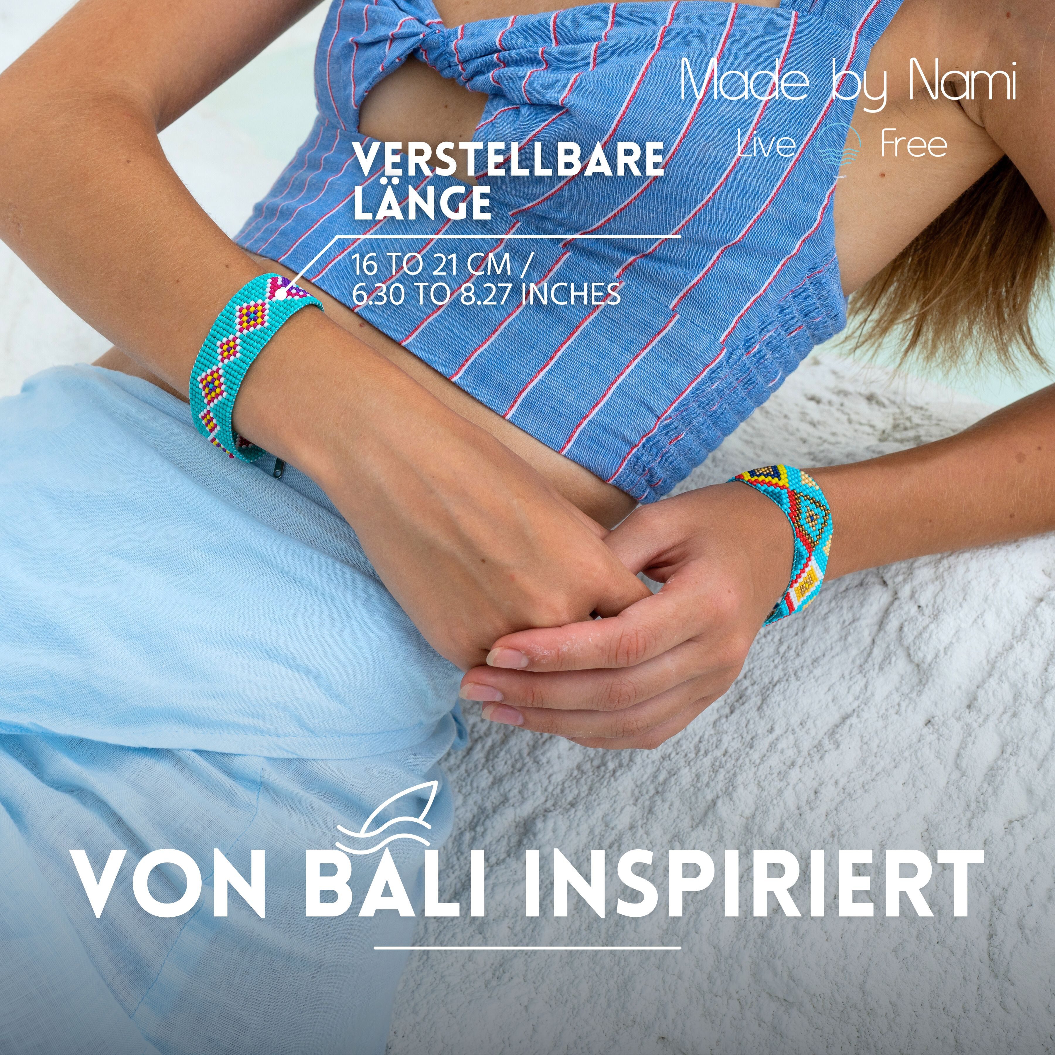 Made by Nami Perlenarmband Damen Armband bunt mit Perlen Wasserfester Schmuck Boho-Stil, aus Perlen – sommerlich – mit Verlängerung
