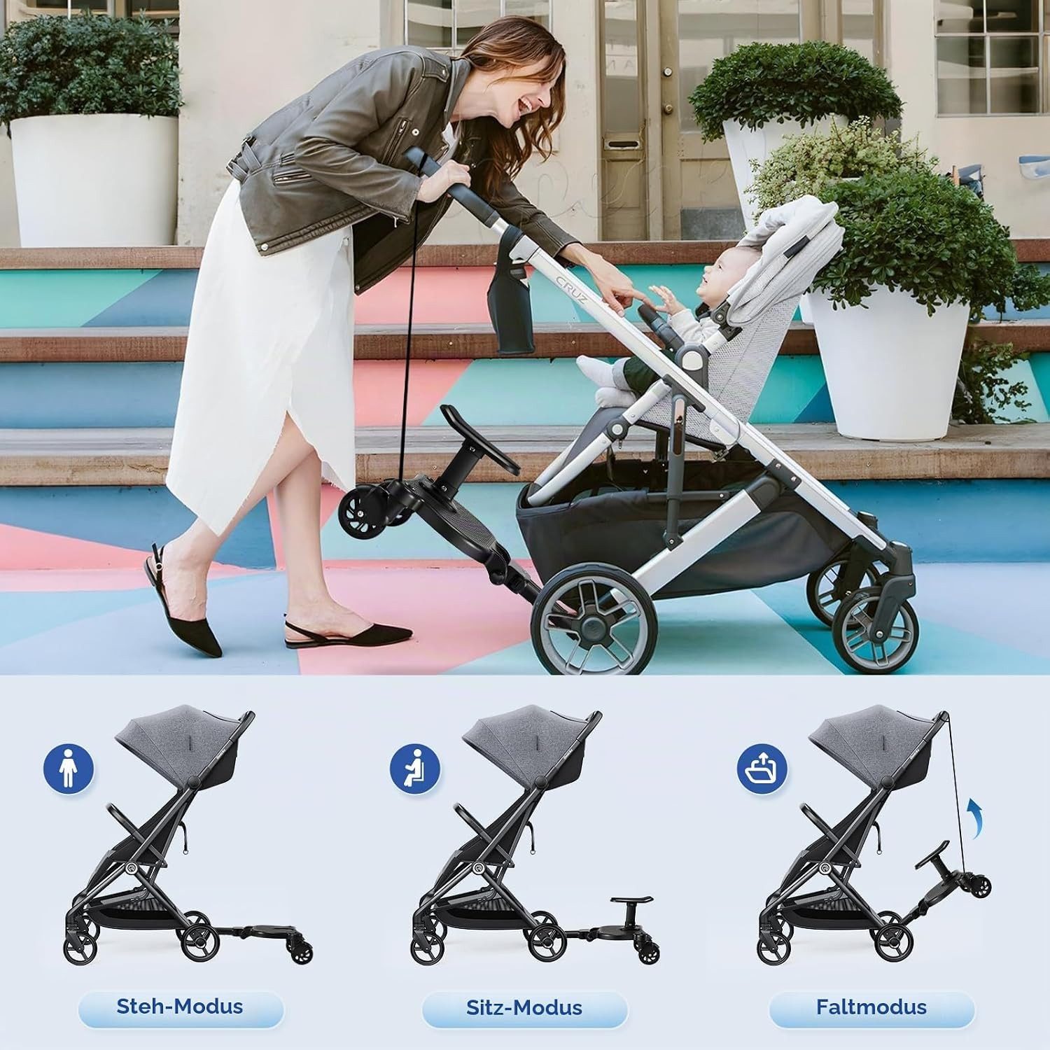TWUFY Buggyboard Buggy Board mit Sitz, Trittbrett für Kinderwagen Universal (Buggy Board für Alle Kinderwagen, 1-St., mit Kinderwagen Organizer und Aufhängegurt), Kiddy Board für Kinder von 2 bis 6 Jahren (25 KG)