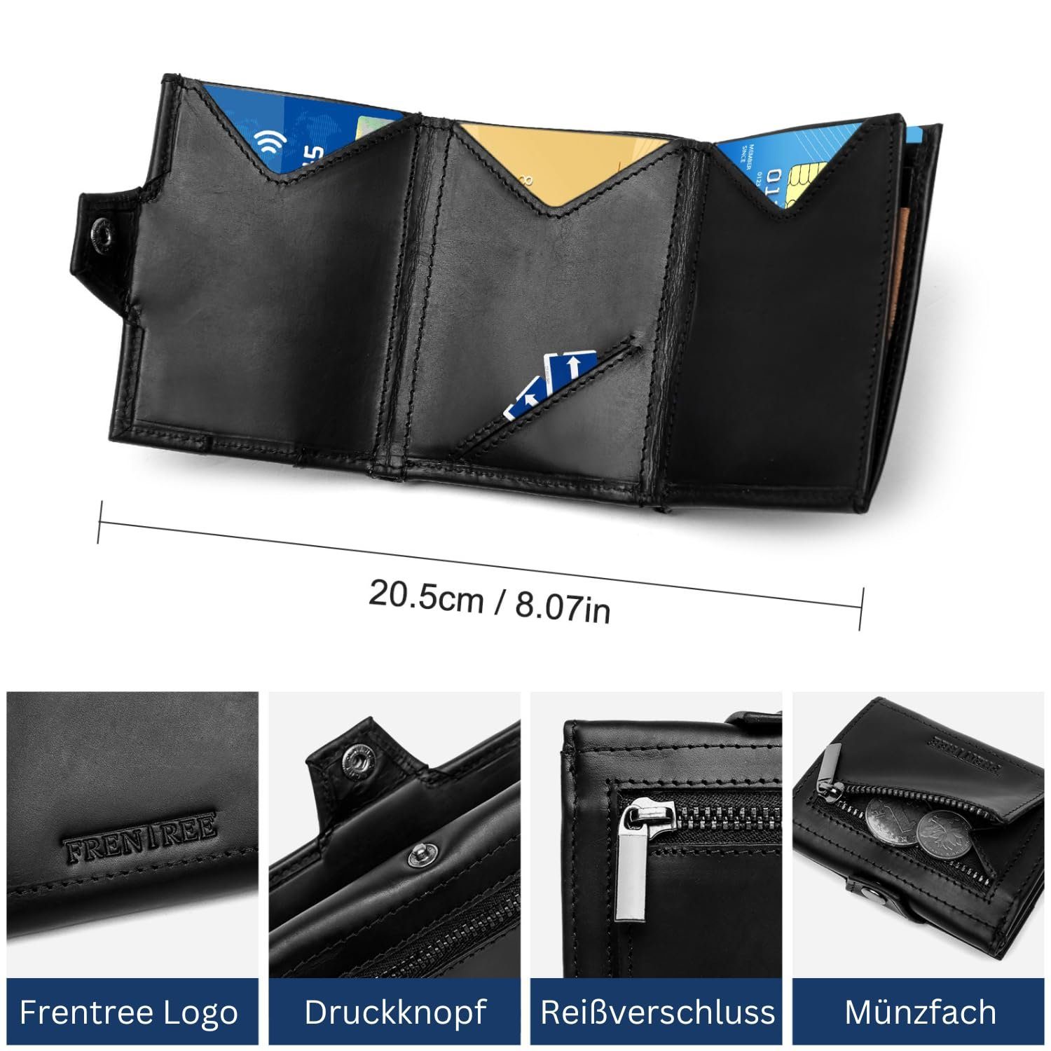 Frentree Mini Geldbörse Herren echtem Leder Slim Wallet mit Münzfach & RFID Schutz, 10 Karten und Bargeld, Kartenetui für unterwegs, Portemonnaie klein