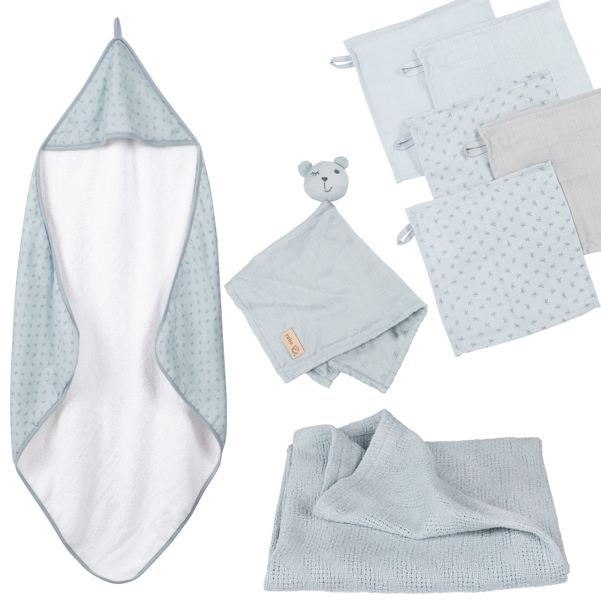 roba® Neugeborenen-Geschenkset Lil Planet Handtuch, Waschlappen, Schmusetuch & Decke hellblau/sky | 