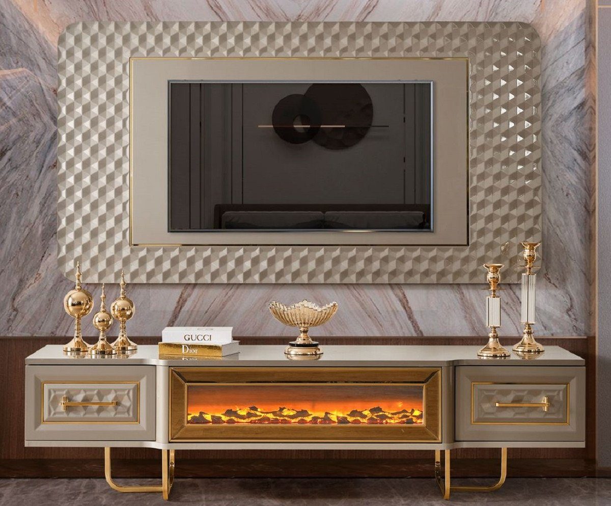 Casa Padrino TV-Schrank Casa Padrino Luxus Art Deco TV Schrank Set Grau /  Gold - Wohnzimmer Sideboard mit LED Elektrokamin & TV Rückwand - Art Deco  Möbel - Wohnzimmer Möbel - Luxus Möbel - Luxus Einrichtung