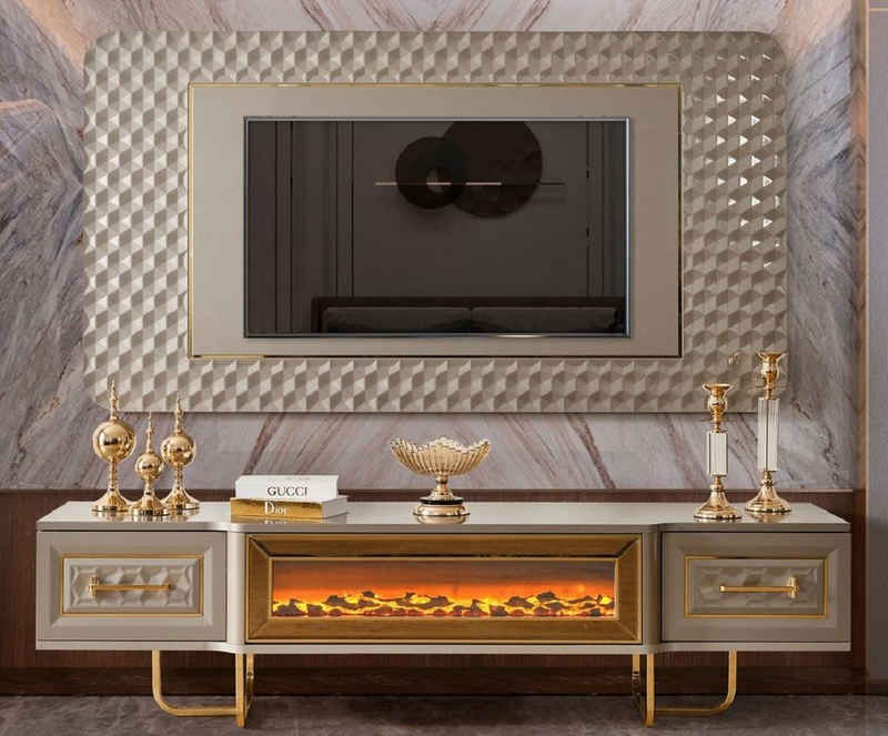 Casa Padrino TV-Schrank Casa Padrino Luxus Art Deco TV Schrank Set Grau / Gold - Wohnzimmer Sideboard mit LED Elektrokamin & TV Rückwand - Art Deco Möbel - Wohnzimmer Möbel - Luxus Möbel - Luxus Einrichtung