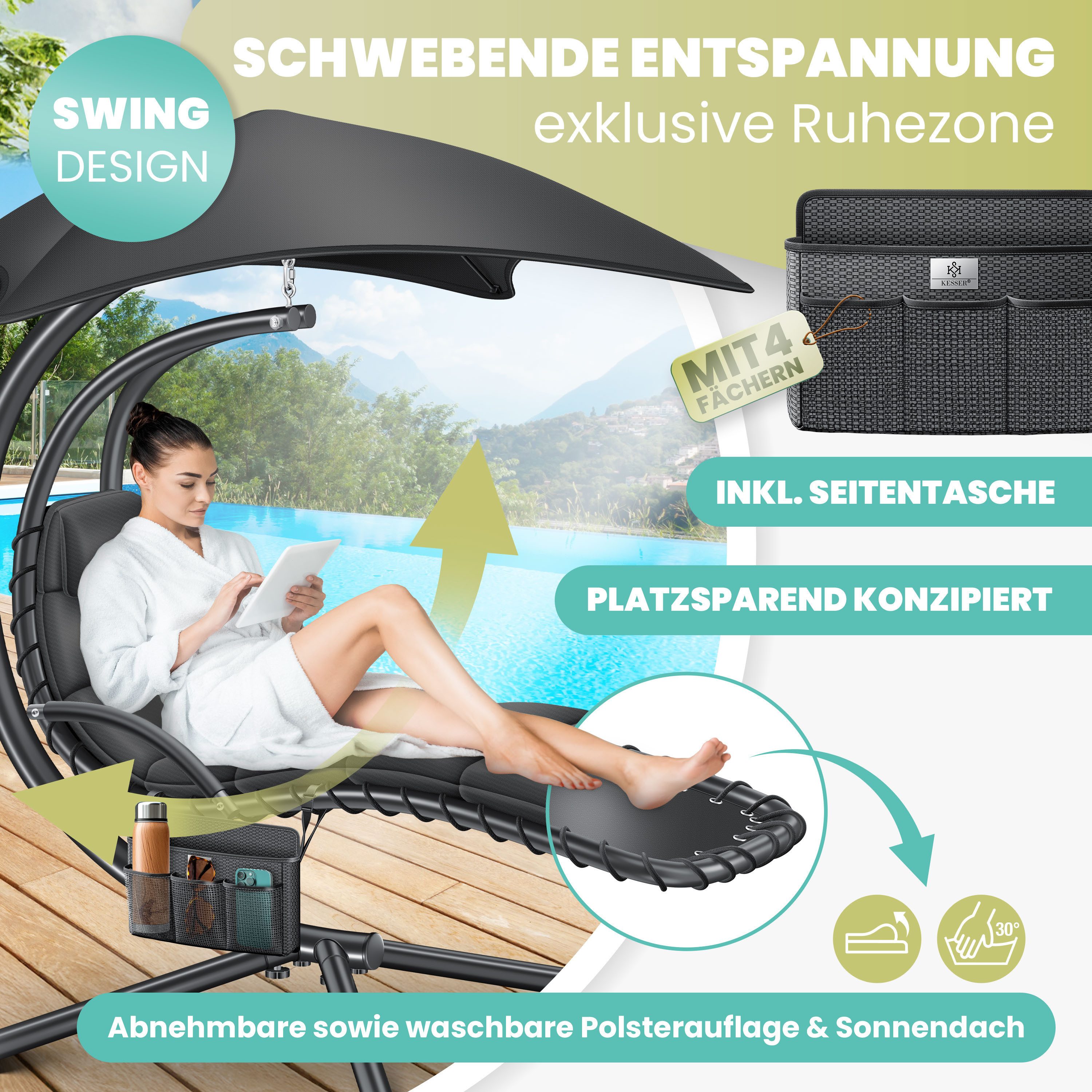 KESSER Gartenliege, Schwebeliege mit Sonnenschirm, Hängeliege Sonnenliege