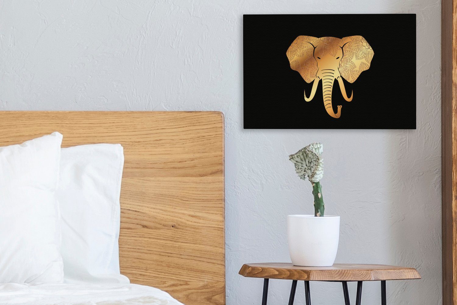 - Tasse 30x20 OneMillionCanvasses® Wanddeko, Aufhängefertig, Elefant cm (1 Leinwandbild Muster, - Leinwandbilder, - Gold St), Wandbild