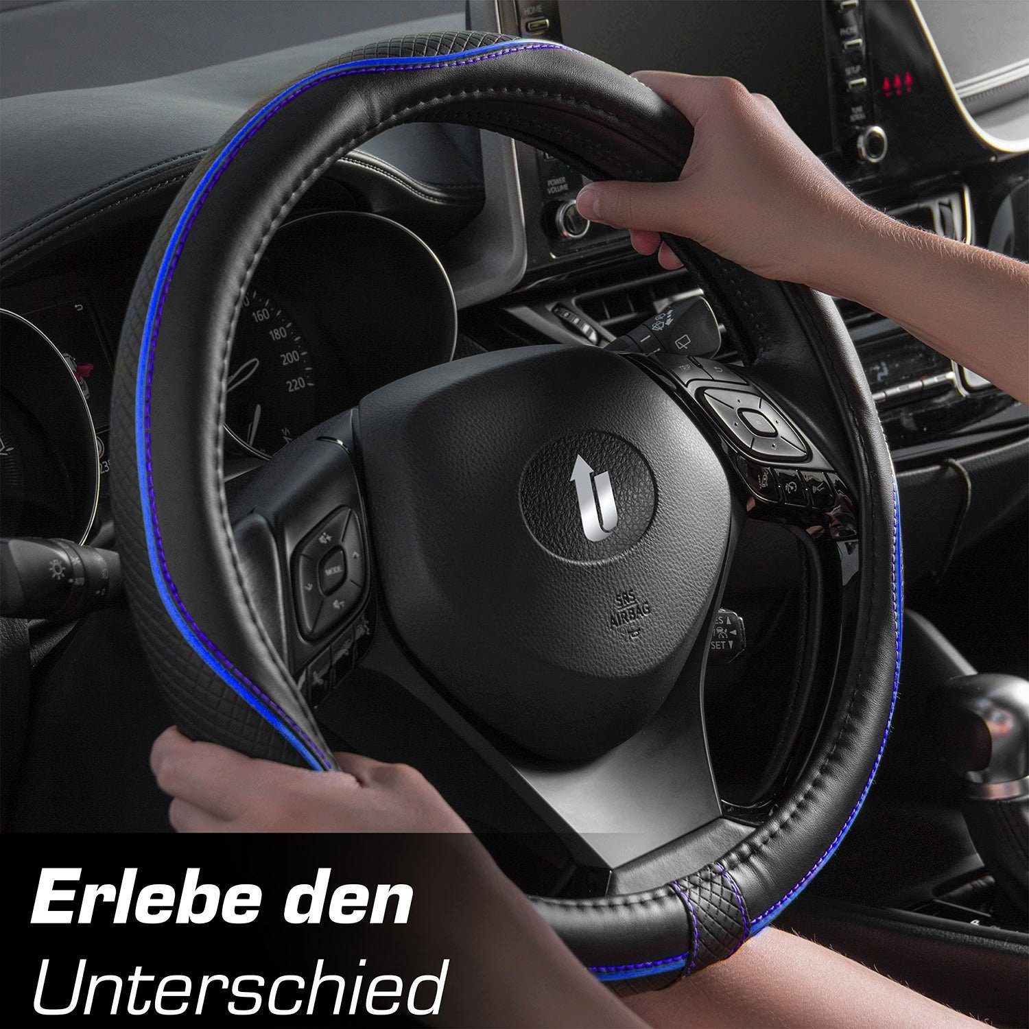 Upgrade4cars Lenkradbezug SportsLine, Ø Blau Linien-Design mehr cm, mit Grip Perforierten für Details Stilvolles 37,00 39,00 