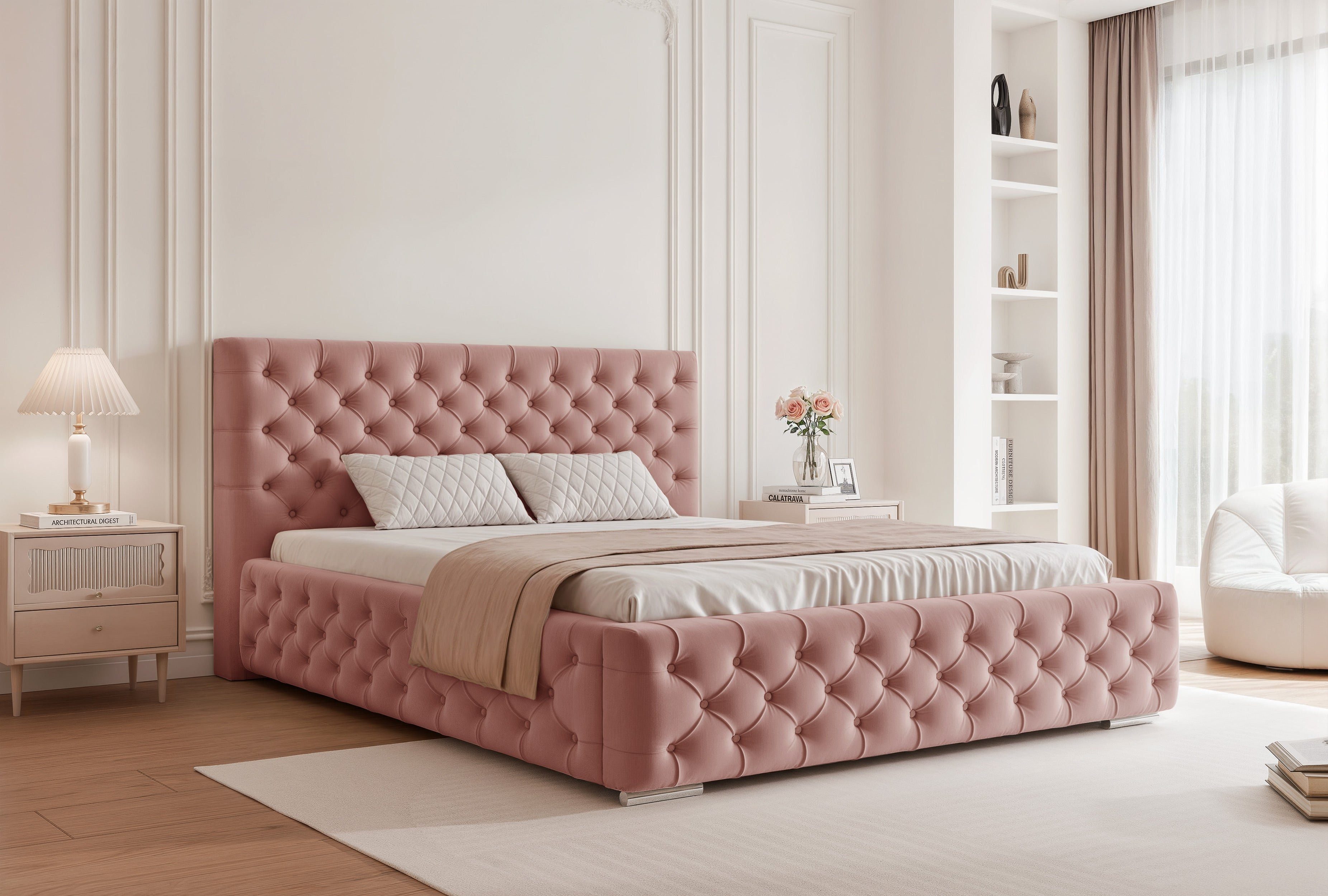 Goldstoff Polsterbett "Camelia" 120x200–200x200cm Chesterfield mit Bettkasten & Stauraum (1-tlg., Chesterfield Polsterbett mit Bettkasten und Lattenrost), Gepolstertes Einzelbett 140x200 - Perfekt für erholsamen Schlaf