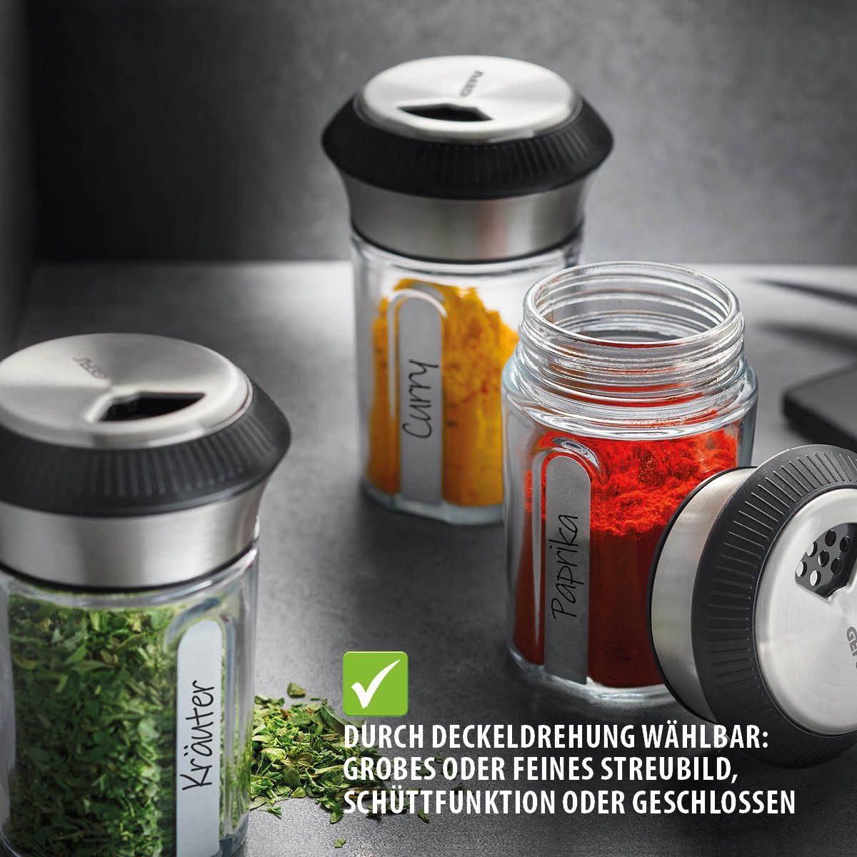 GEFU Gewürzmühle Gewürzstreuer X-PLOSION® Edelstahl Glas Camping Pf