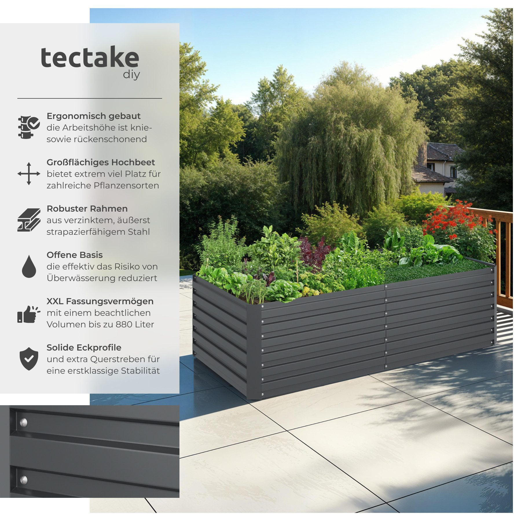 tectake Hochbeet Pflanzenkasten Blomma, 880l, verzinkt, günstig online kaufen