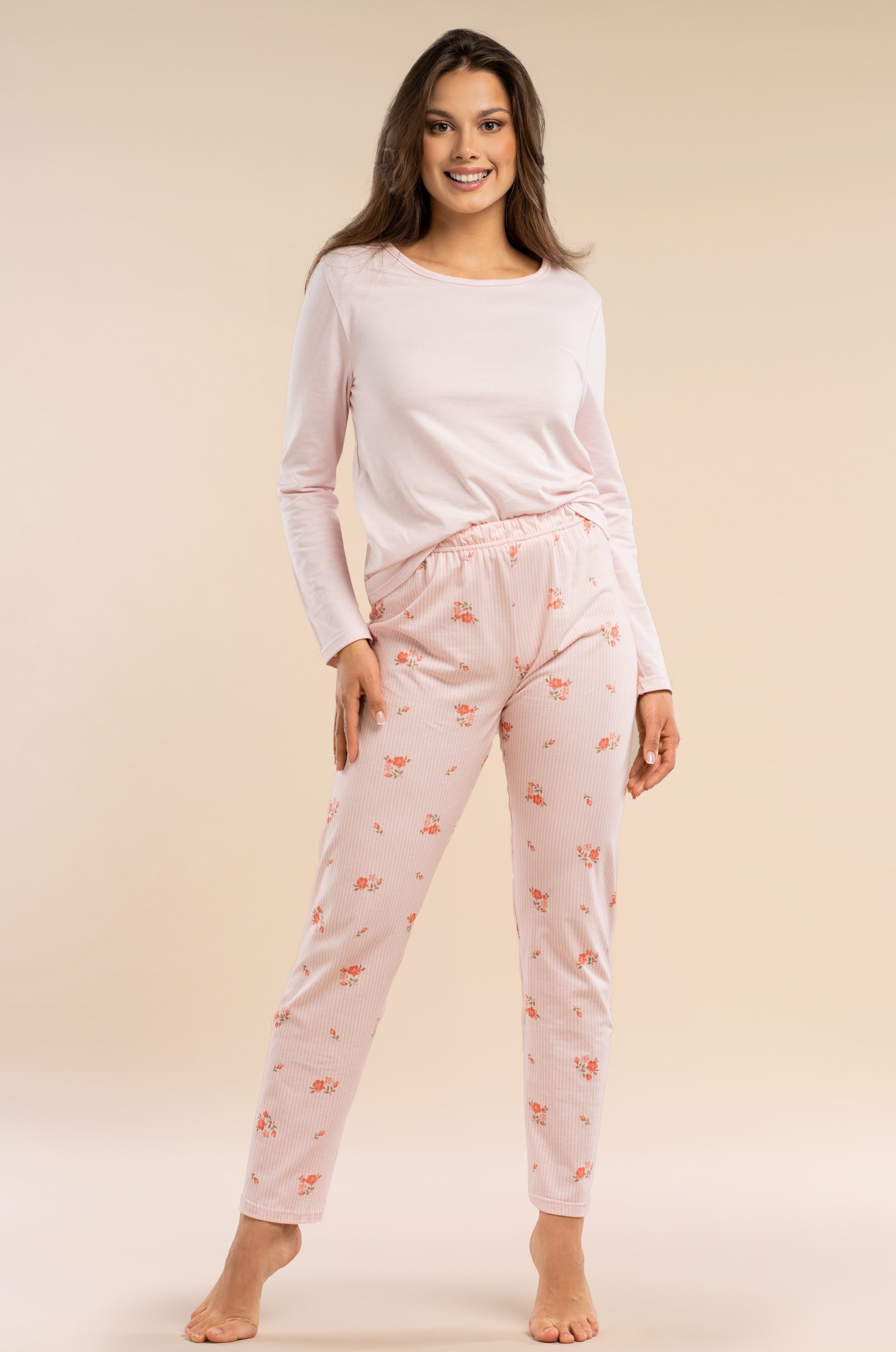 Mademoiselle Sommeil Pyjama Damen Schlafanzug mit Langarmshirt & langer Hose mit floralen Streifen (2 tlg) aus 100% Baumwolle, hautfreundlich & atmungsaktiv