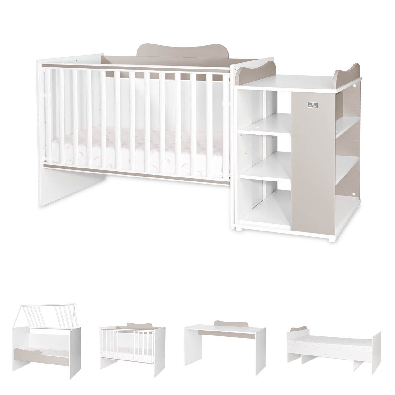 Lorelli Komplettbett Babybett Multi, Jugendbett, Schreibtisch, Wickeltisch, mehrfach umbaubar