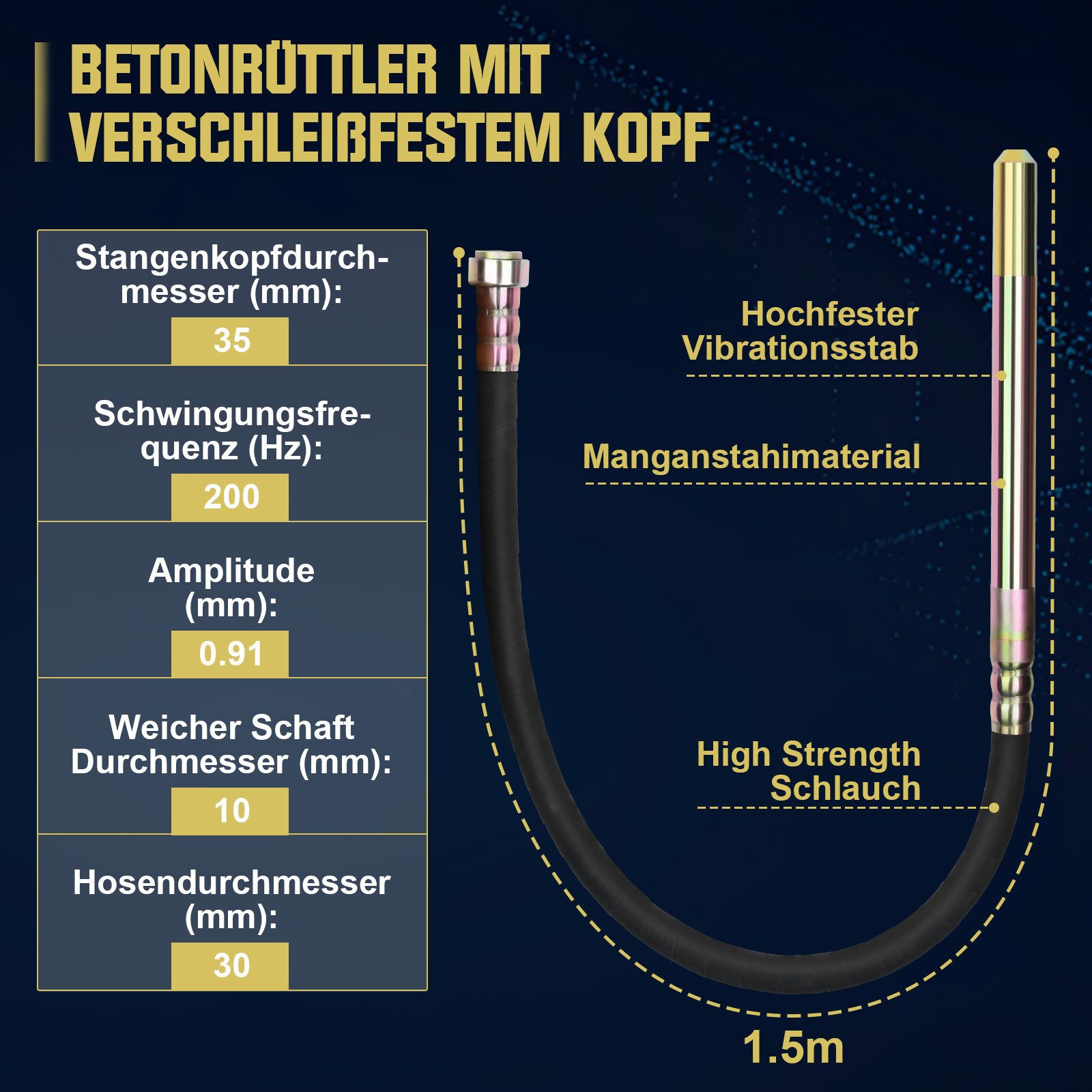 XERSEK Betonmischer Betonrüttler 1800W, Rührwellendrehzahl 6000 U/min, Elektro Betonverdichter, 35 mm Flaschenrüttler, 1.5m SCHLAUCHLÄNGE
