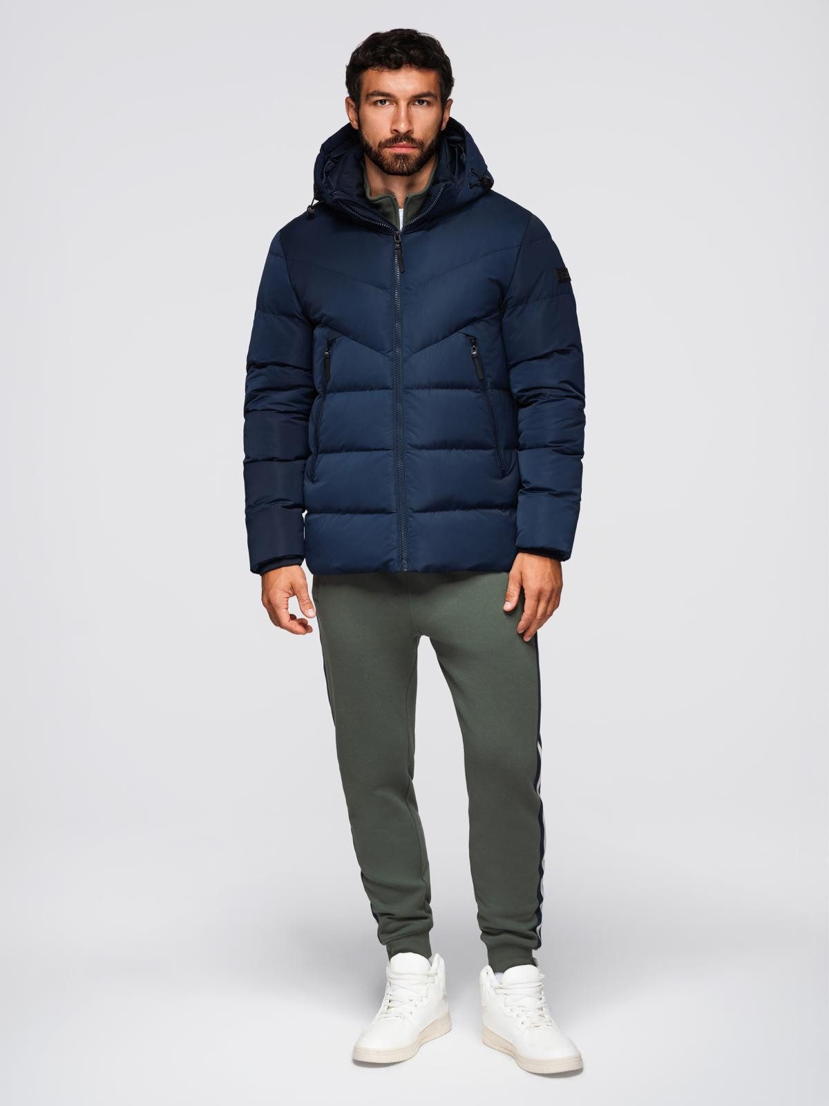 OMBRE Winterjacke Herrenjacke mit asymmetrischer Steppung und Kapuze – marineblau