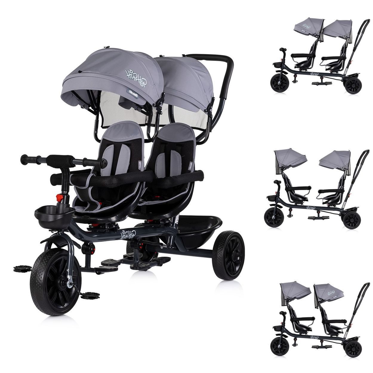 Babyshoppen Dreirad Geschwisterdreirad Tricycle Hip Hop, Schiebegriff, Sitze 360° drehbar, Gurte