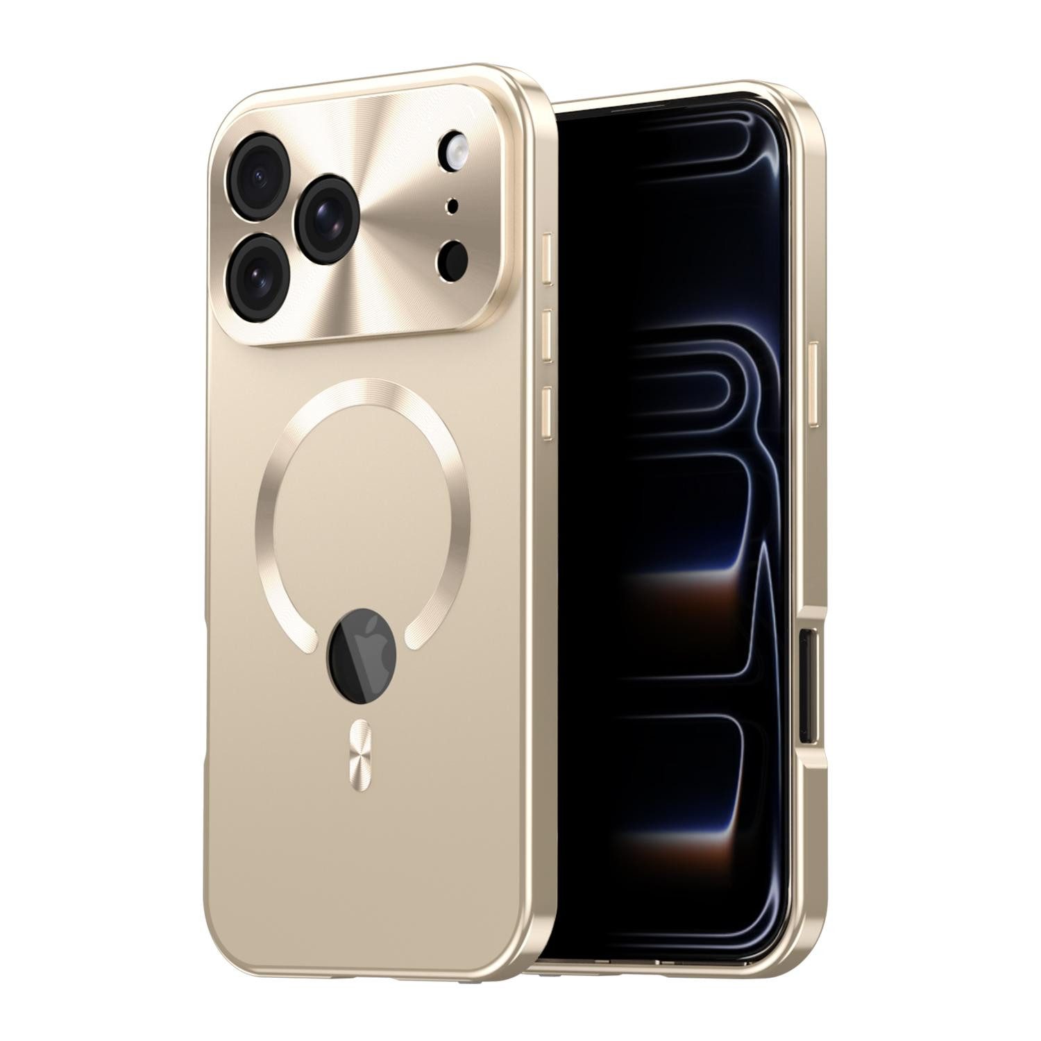 Wigento Handyhülle Für Apple iPhone 17 Pro Max Full Cover MagSafe Hülle Metallrahmen Gold, Magnetverschluss, MagSafe-kompatibel, stoßfest, präzise Aussparungen